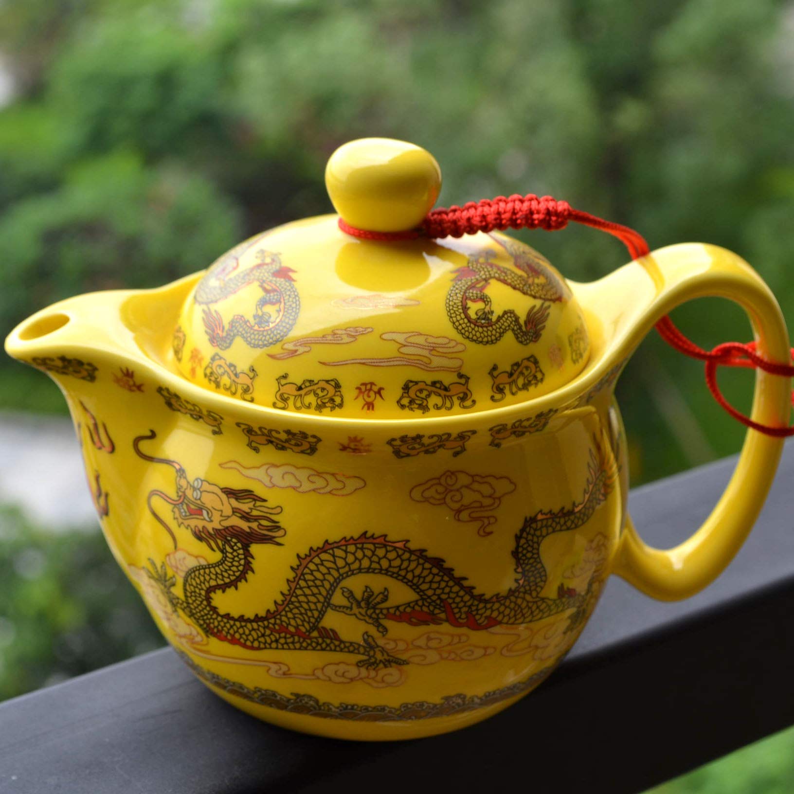12oz Chinese Dragon Teapot with Infuser - Yellow Porcelain for Loose Tea Brewing at Home