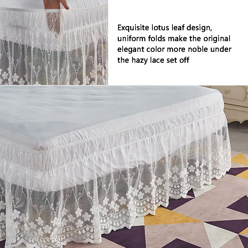 Elegant Tulle Lace Trimmed Elastic Pleated Bed Skirt with Ruffles - Dust & Wrinkle Resistant, Easy Fit Wrap Around Design for Twin/Full/Queen/King Size Beds | Perfect for Master Bedrooms, Guest Rooms & Hotel Decor