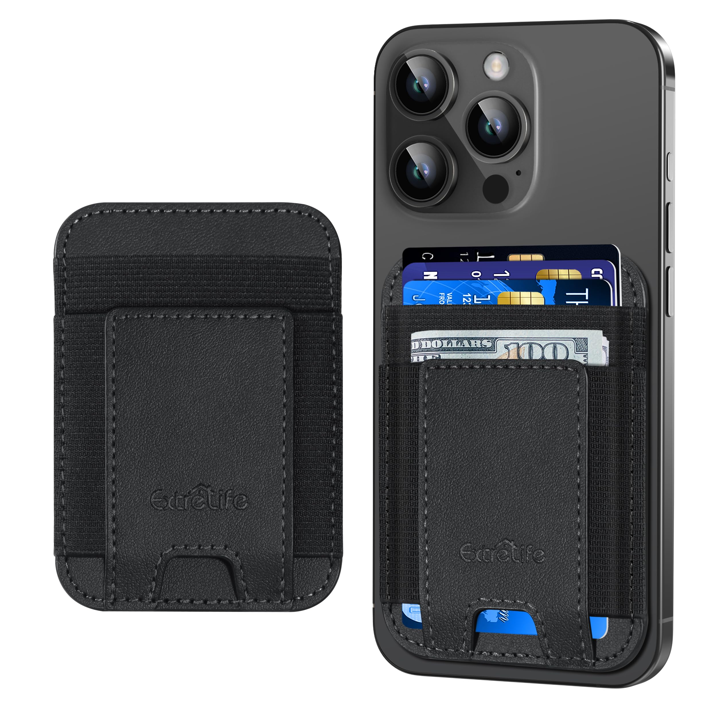 Premium Leather Phone Card Holder with Strong Adhesive - RFID Blocking Wallet Sticker for iPhone, Samsung & Android - Holds 7 Credit Cards (Black) - Perfect for Travel, Shopping & Everyday Convenience