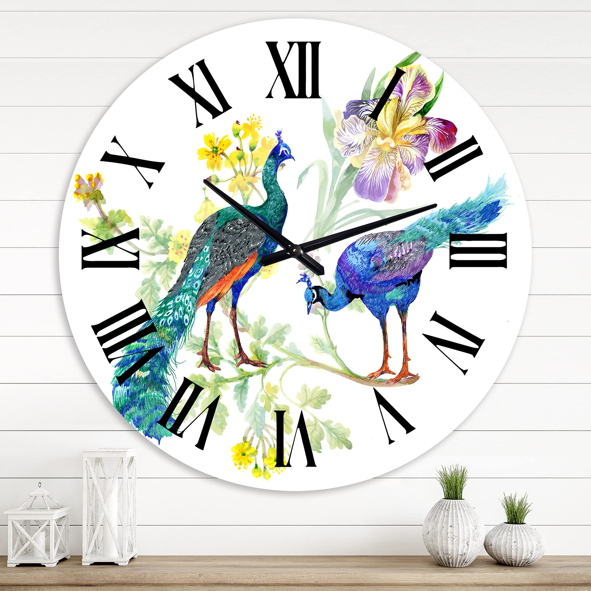DesignQ Traditional Peacock & Iris Flower Large Wall Clock - Elegant Office & Home Decor for Living Room, Bedroom, or Study