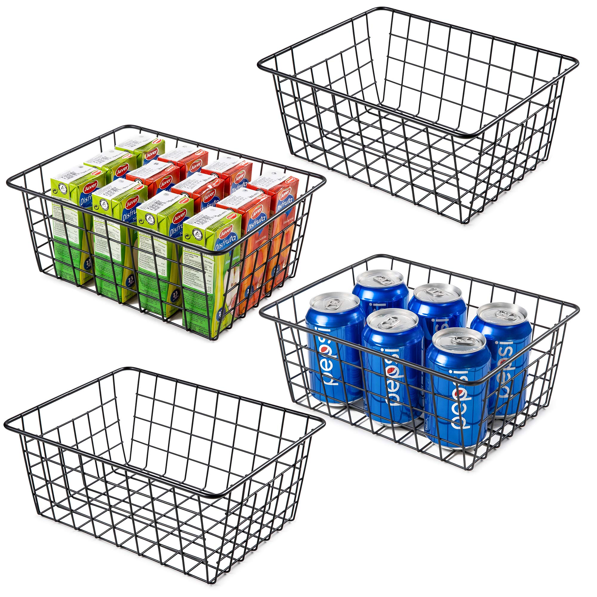 Vtopmart 4-Pack Black Metal Wire Storage Baskets with Handles - Small Freezer Organizer Bins for Kitchen Cabinets, Pantry, Bathroom, Laundry & Garage - Perfect for Organizing Fruits, Vegetables, Toys & Cleaning Supplies