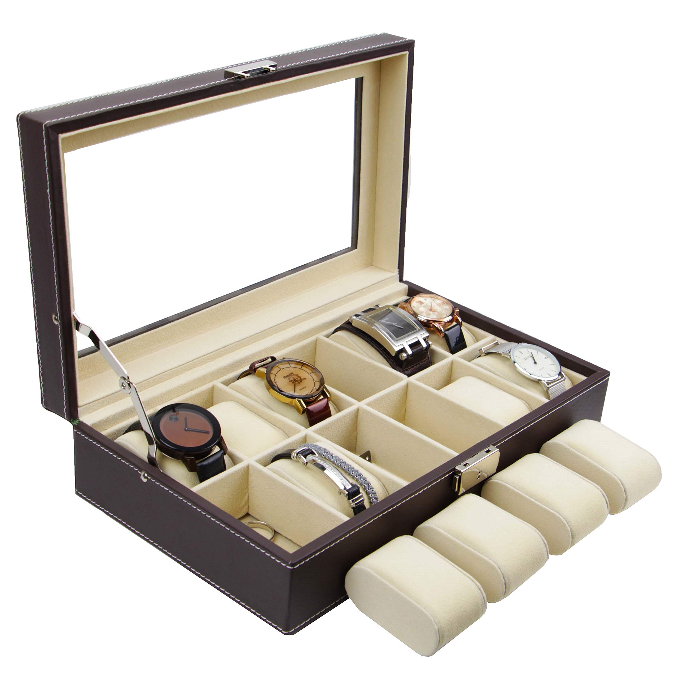 Premium 12-Slot Watch Box with Cufflink & Ring Storage - Luxury Jewelry Organizer for Men - Perfect for Travel, Gifts & Home Display