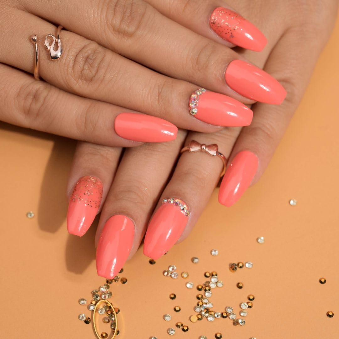 Premium Fake Press-On Nails - Peach Glitter Ombre Set of 20 | Reusable Full Coverage Artificial Nails with UV Gel Coating | Easy to Use & Time-Saving Stick-On Nail Extensions for Manicures, Parties, Weddings & Daily Wear