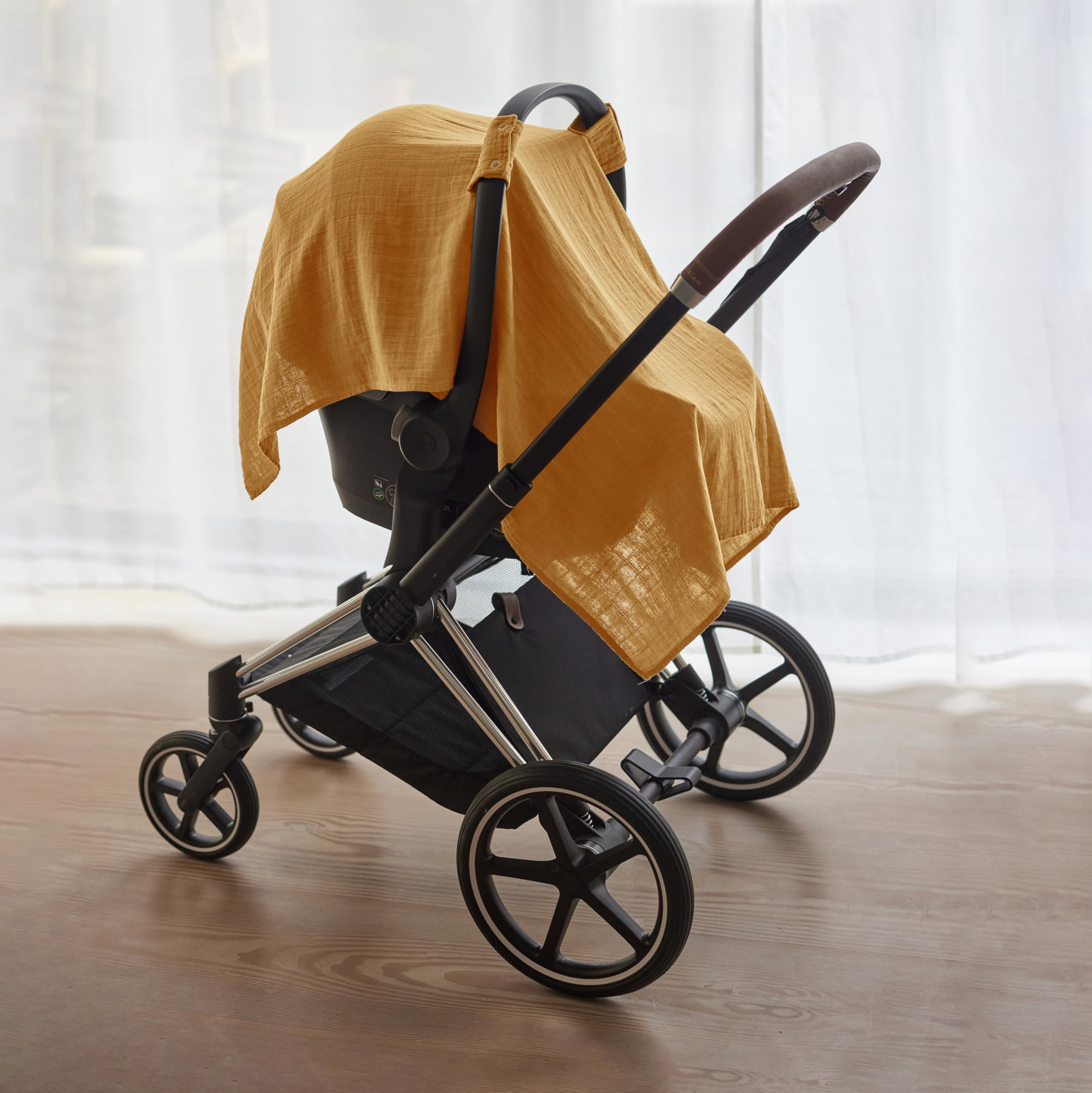 100% Organic Muslin Baby Car Seat Cover - Breathable & Soft Car Seat Canopy for Boys & Girls, Autumn Yellow - Perfect for Strollers, Shopping & Outdoor Protection