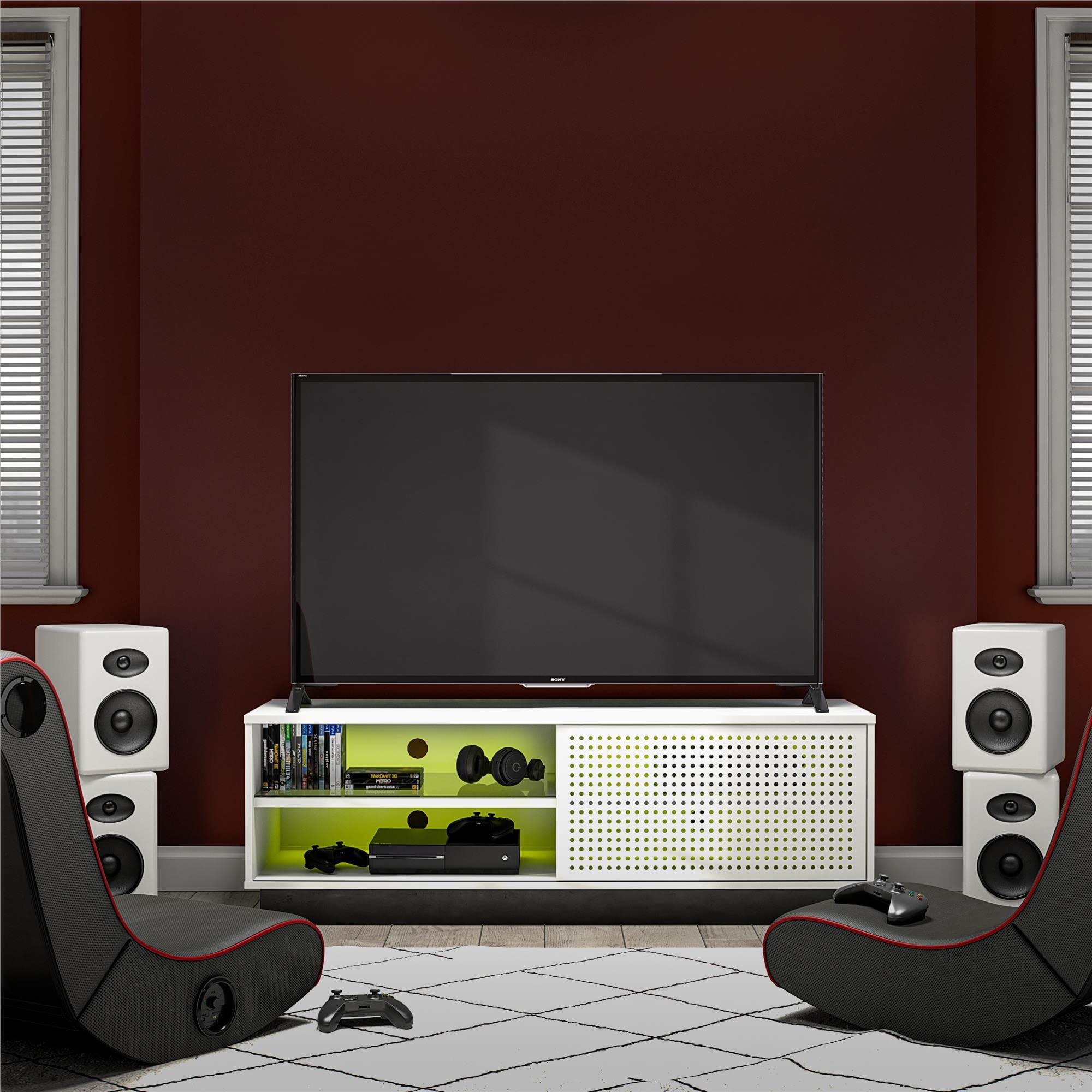 NTENSE Glitch Gaming TV Stand for 60 Inch TVs - Modern Entertainment Center with LED RGB Lights & Wire Management - Perfect for Man Cave, Game Room & Play Room - Durable Metal TV Stand in White