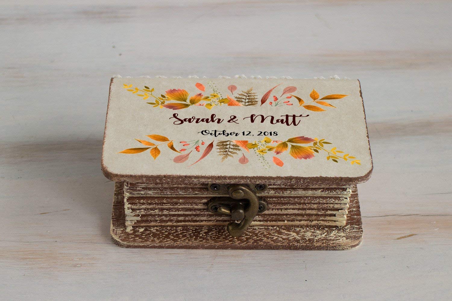 Personalized Wooden Ring Box for Fall Weddings - Autumn Wreath Design