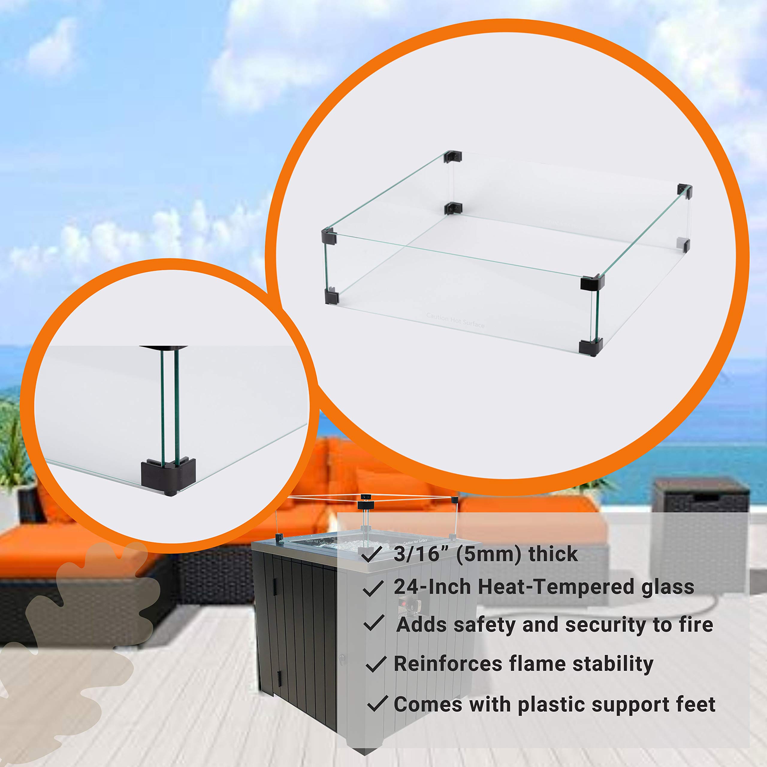 19-Inch Wind Guard Glass Panel for Square Outdoor Propane Fire Pit Table - Durable Heat-Resistant Protection for Patio, Deck, and Backyard Gatherings