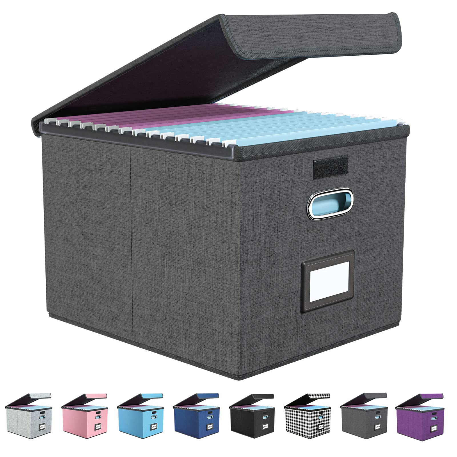 Collapsible File Storage Organizer Box with Lid - Linen Office Document Organizer, Decorative Filing Box for Hanging Files, Plastic Sliding Tray - Perfect for Office Organization, Home Decor & Workspace Storage