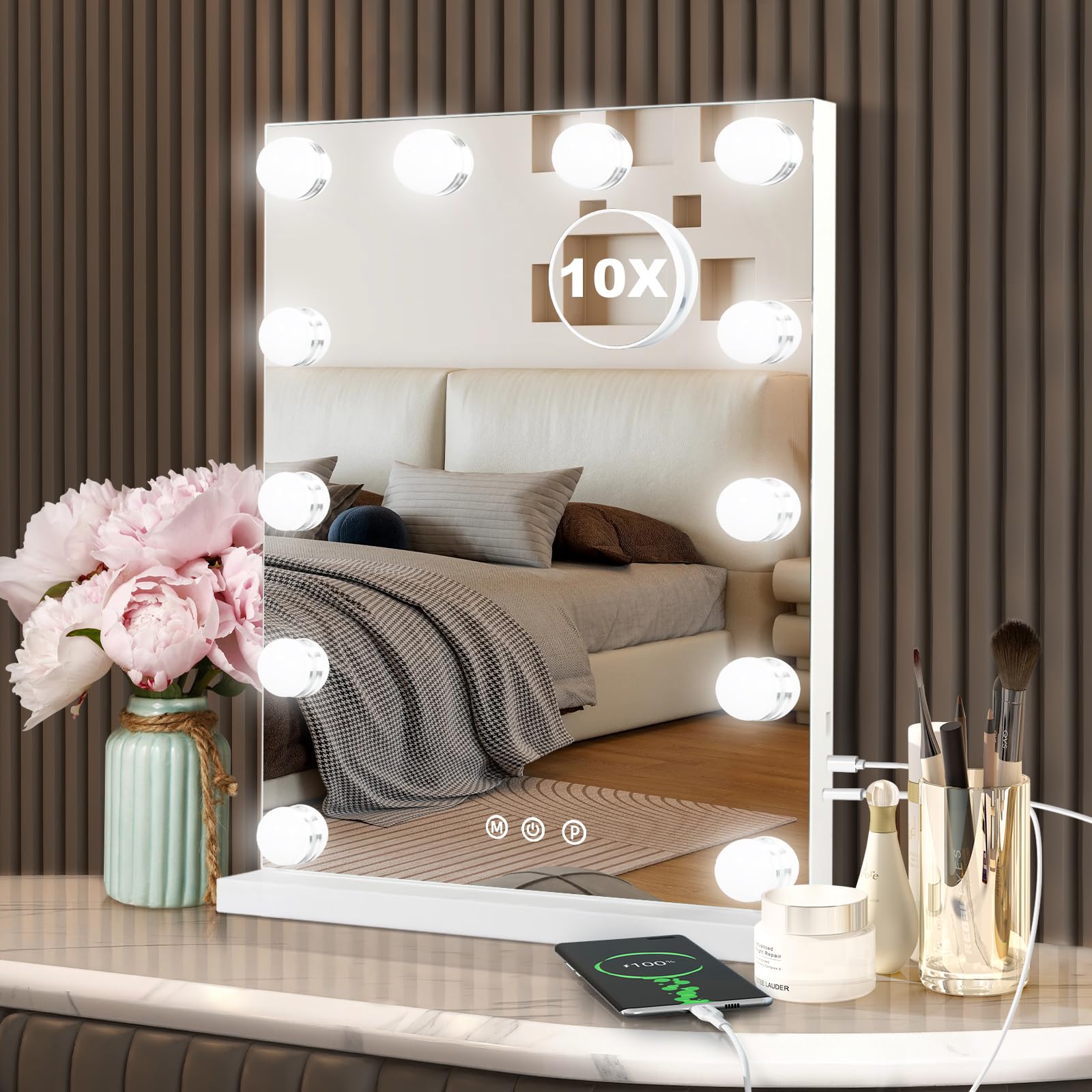 Hollywood Vanity Mirror with LED Lights - 12 Bulbs, 3 Color Modes, Adjustable Brightness, USB Charging Port, Aluminum Frame (14