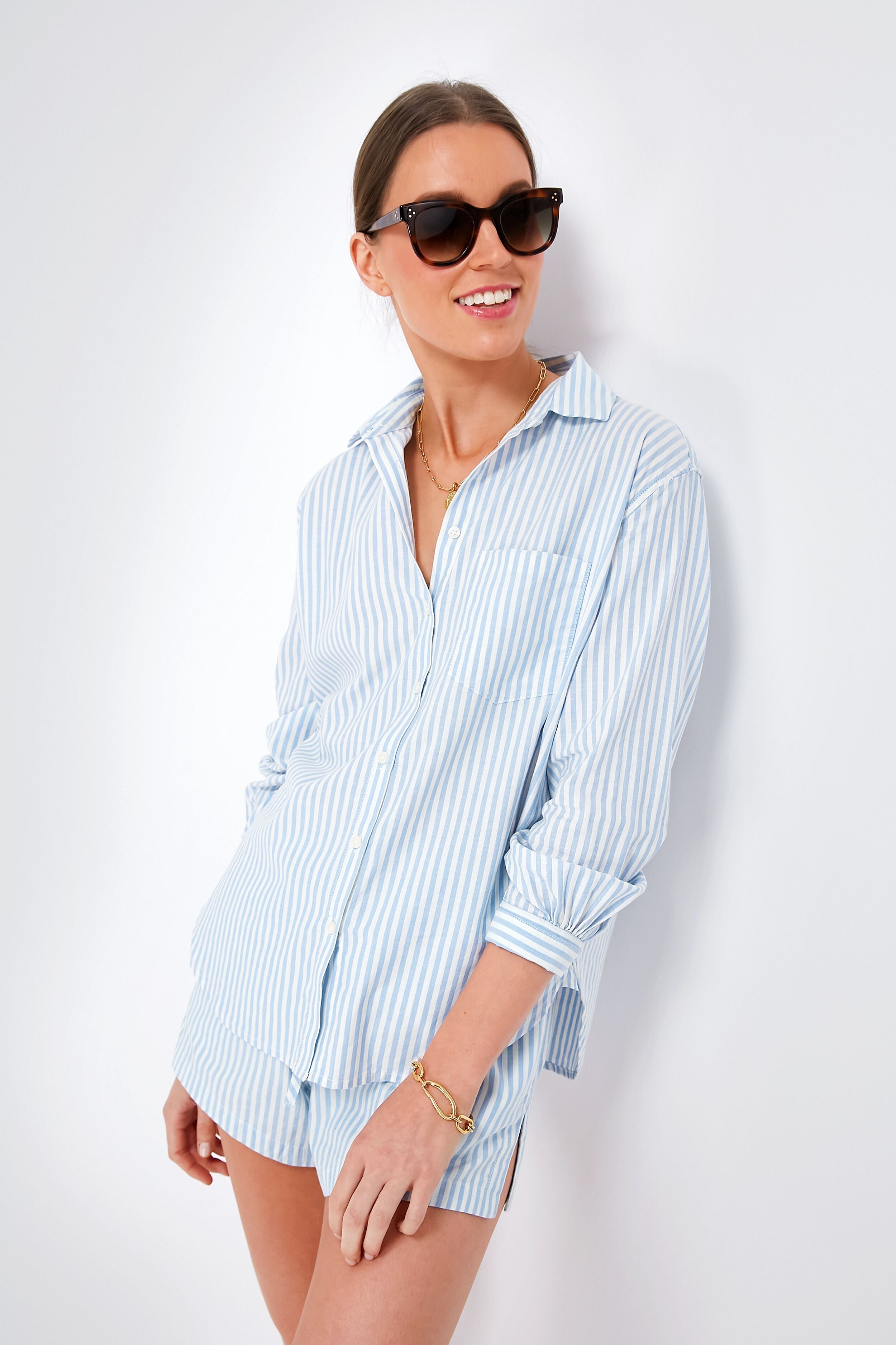 Blue Oxford Stripe Blake Boyfriend Shirt for Women - Casual Button Down Shirt for Work, Date Night & Everyday Wear