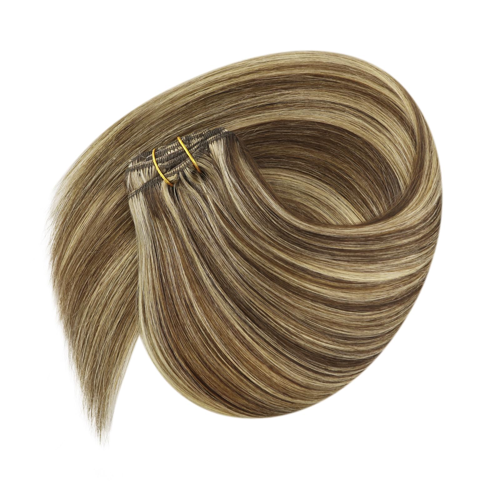 Ve Sunny 18inch Clip-in Human Hair Extensions - 7pcs 120g Dark Brown with Caramel Blonde Highlights | Real Human Hair for Volume & Length | Perfect for Parties, Weddings & Daily Styling