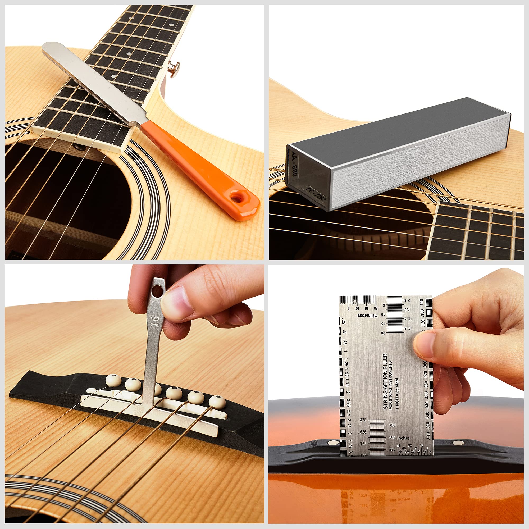MIECOO 19PCS Professional Guitar Repair Tool Kit - Includes 8 Inch Fret Leveling Beam, 9 Understring Radius Gauge, Fret Crowning File, String Action Ruler, Fretboard Guard, Screwdriver & Sandpapers | Perfect for Guitar Maintenance, Setup & DIY Repairs at Home or Studio