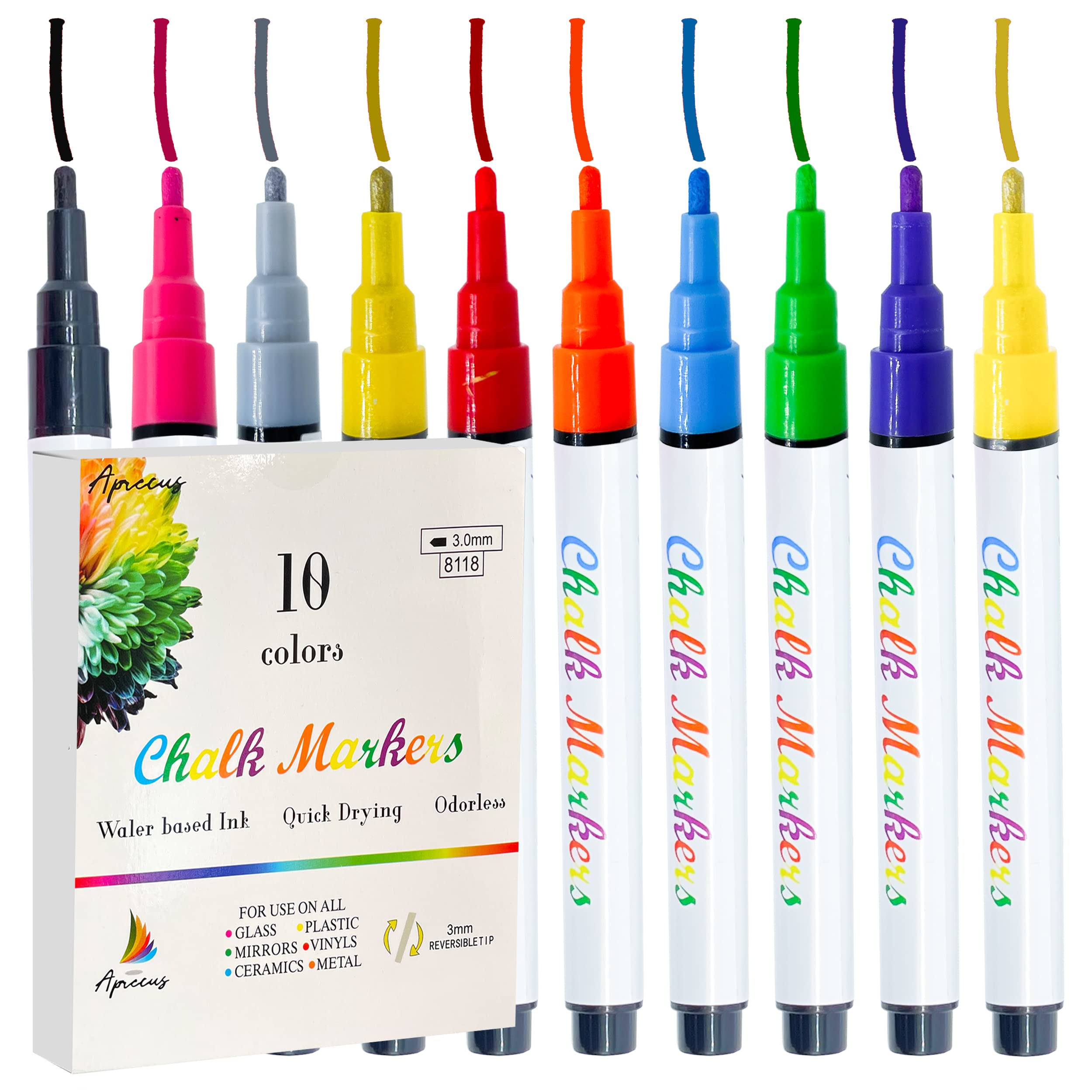 10 Pack Neon Liquid Chalk Markers - 3mm Fine Tip Erasable & Dustless Chalkboard Pens for Kids & Adults - Water-Based Non-Toxic Markers for Blackboard, Glass, Windows, Whiteboard & DIY Crafts