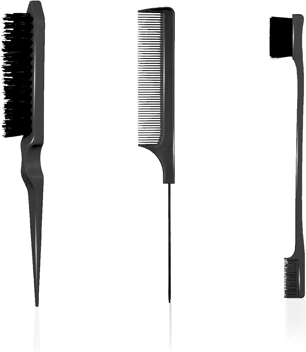 3-Piece Hair Styling Comb Set - Teasing Brush, Rat Tail Comb & Edge Brush for Smoothing, Styling & Detangling - Perfect for Women's Hair Care & Salon Use (Black) - Great for Updos, Ponytails & Edge Control