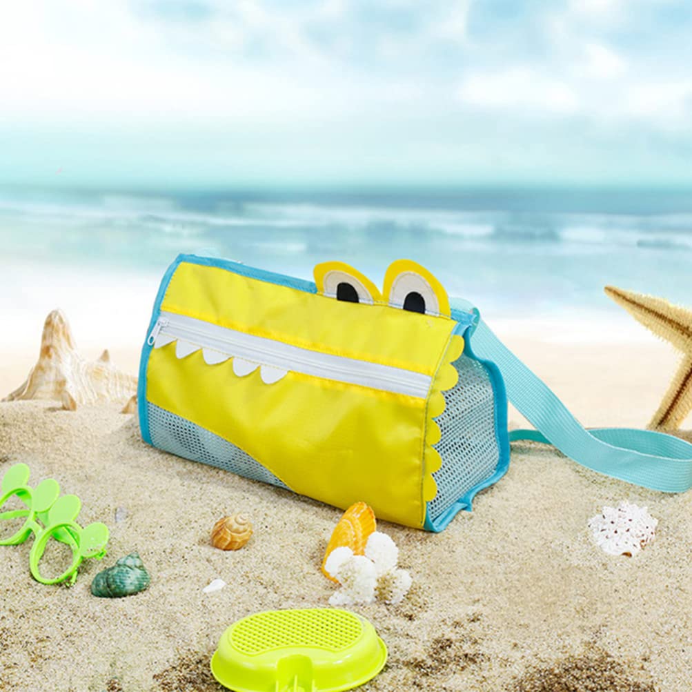 NUOBESTY Mesh Beach Bag for Kids - Large Capacity Cartoon Crocodile Shoulder Bag, Shell Collecting & Swimming Accessories for Boys & Girls (Yellow) | Perfect for Beach Trips, Pool Parties & Summer Vacations