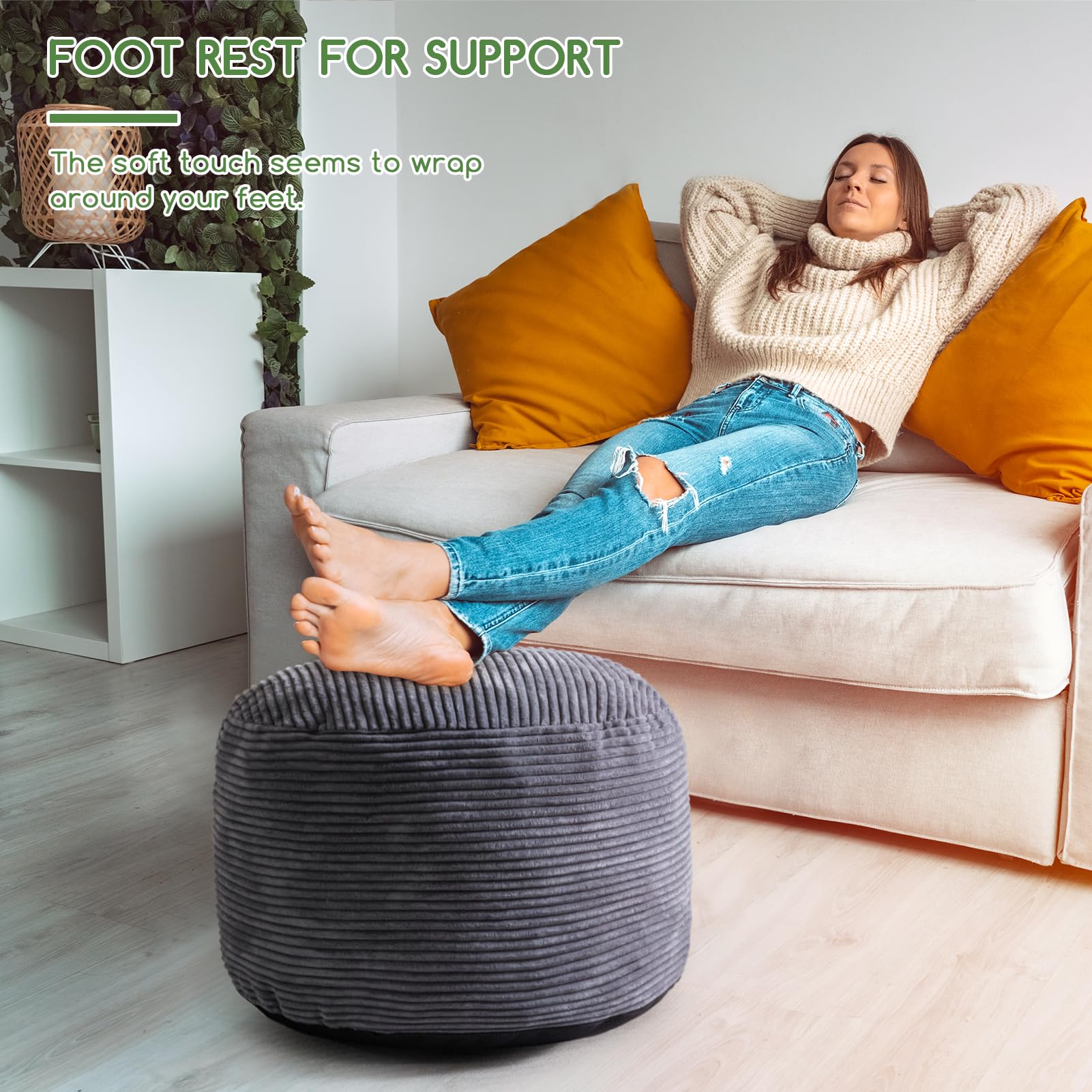 MAXYOYO Round Stuffed Pouf Ottoman - Corduroy Foam Filled Footrest, 20 x 15 Inch Dark Grey - Perfect for Living Room, Bedroom & Nursery Decor