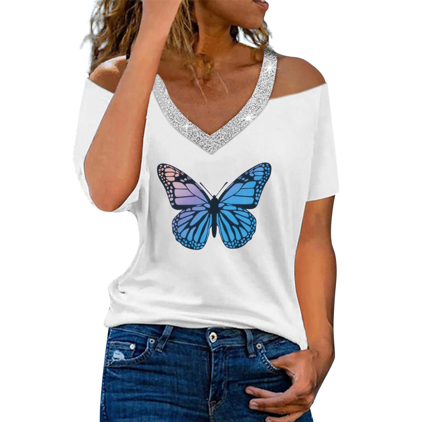 Women's Sexy Casual 3/4 Sleeve Tiered Bell Sleeve Crewneck Loose Blouse Top - Elegant Flowy Shirt for Date Night, Office Wear & Weekend Outfits