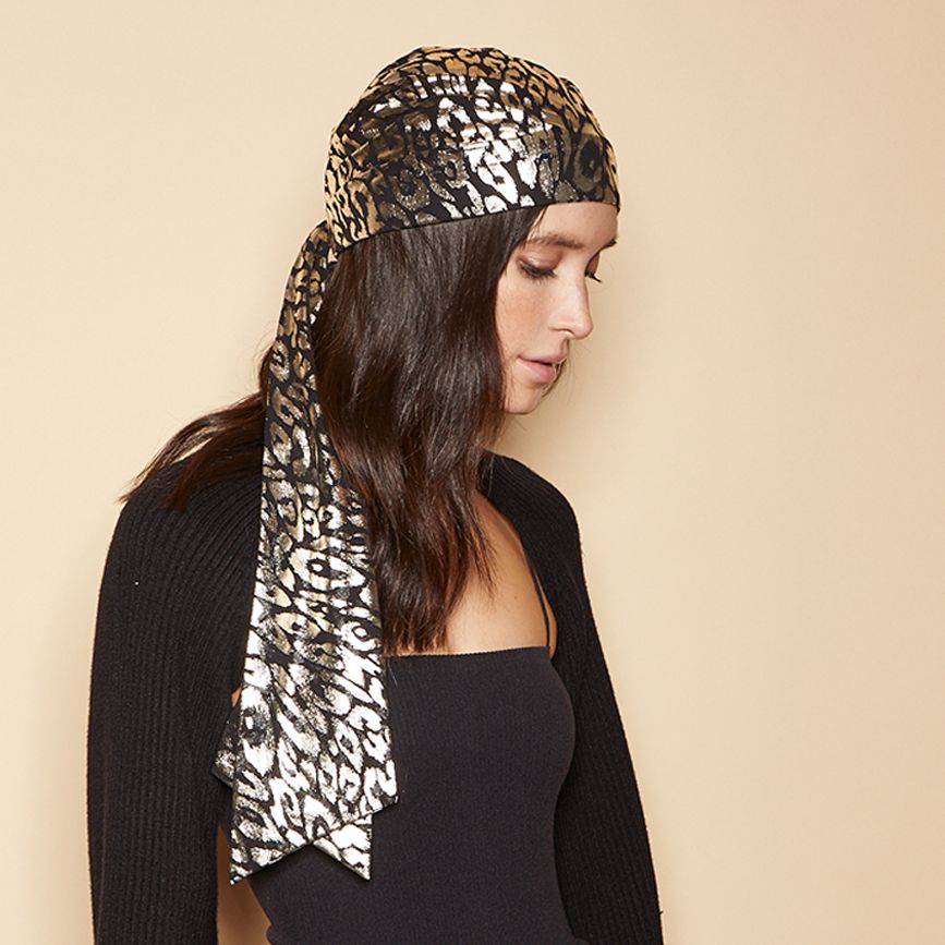 Gigi Leopard Print Metallic Silk Headscarf - Stylish Hair Accessory for Women, Perfect for Parties, Weddings & Everyday Fashion