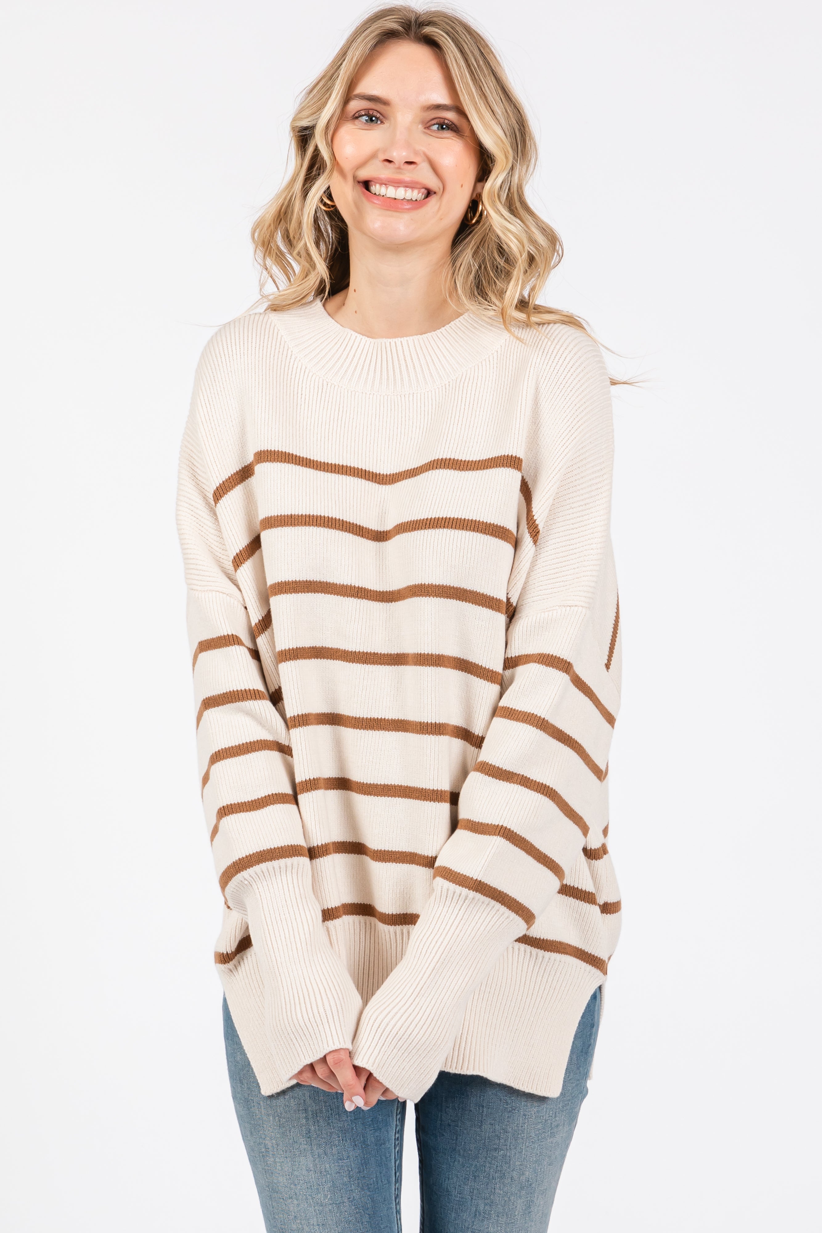 Cozy Beige Striped Drop Shoulder Sweater for Women - Soft Oversized Knit Pullover - Perfect for Fall & Winter Layering, Casual Outfits, and Coffee Dates