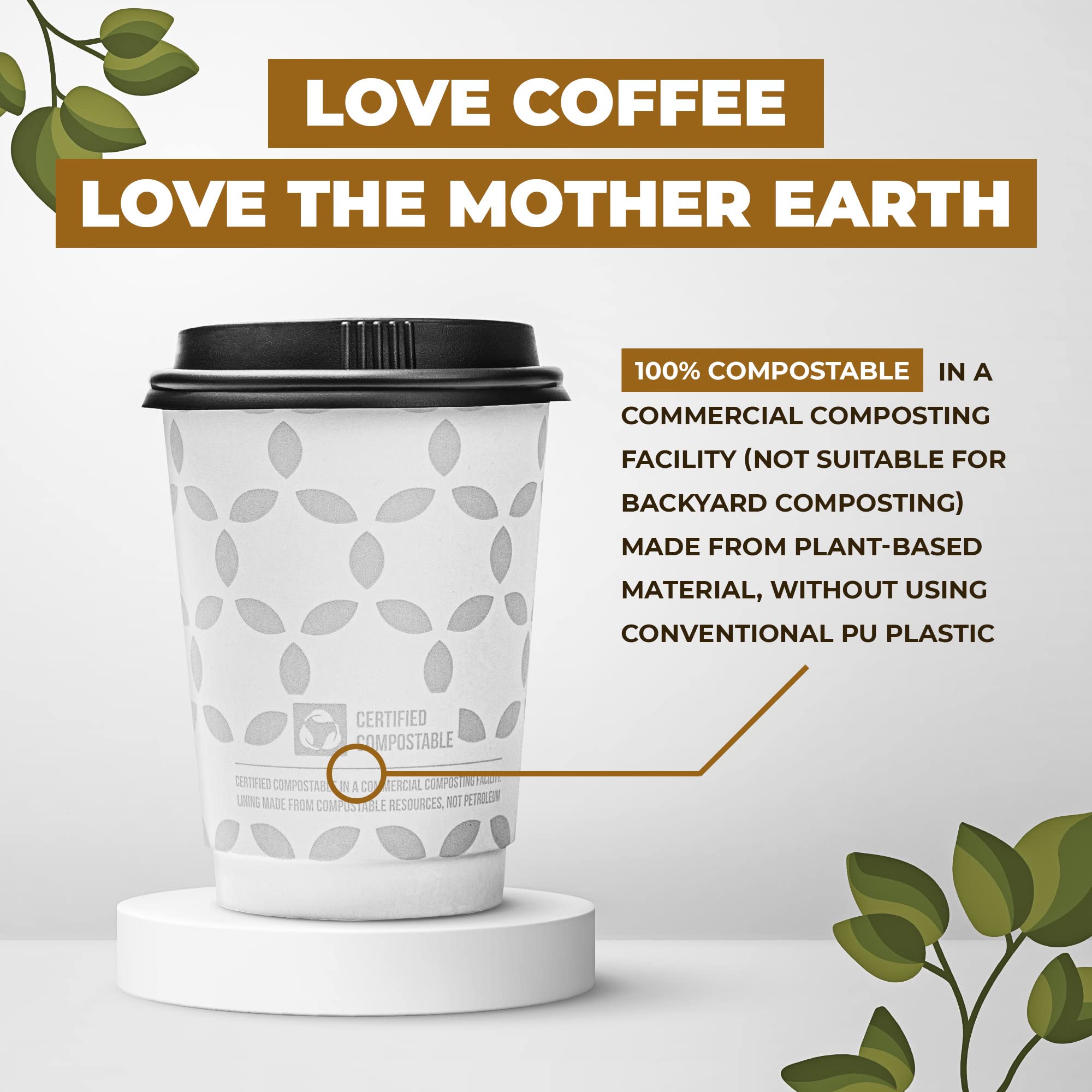 100 Sets - 12 oz Compostable Coffee Cups with Lids | Double Wall Disposable Hot Cups | Eco-Friendly, Leak Proof & Durable | Made from Plant-Based Materials | Perfect for Coffee Shops, Offices & Outdoor Events