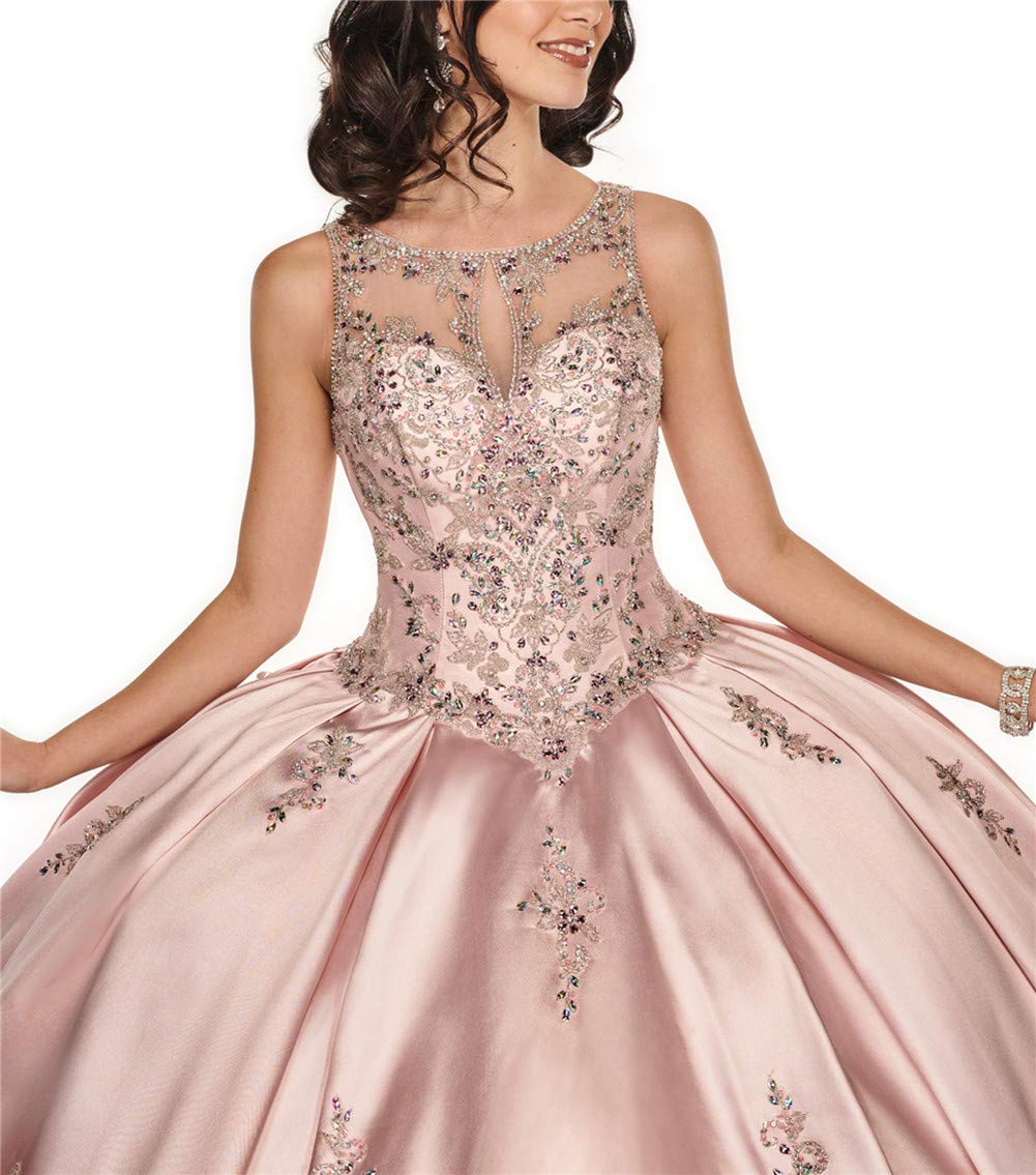 Emanni Women's Light Pink Sleeveless Rhinestone Quinceanera Dress - Sheer Neck Satin Prom Formal Gown for Sweet 16, Homecoming, Pageants & Special Occasions