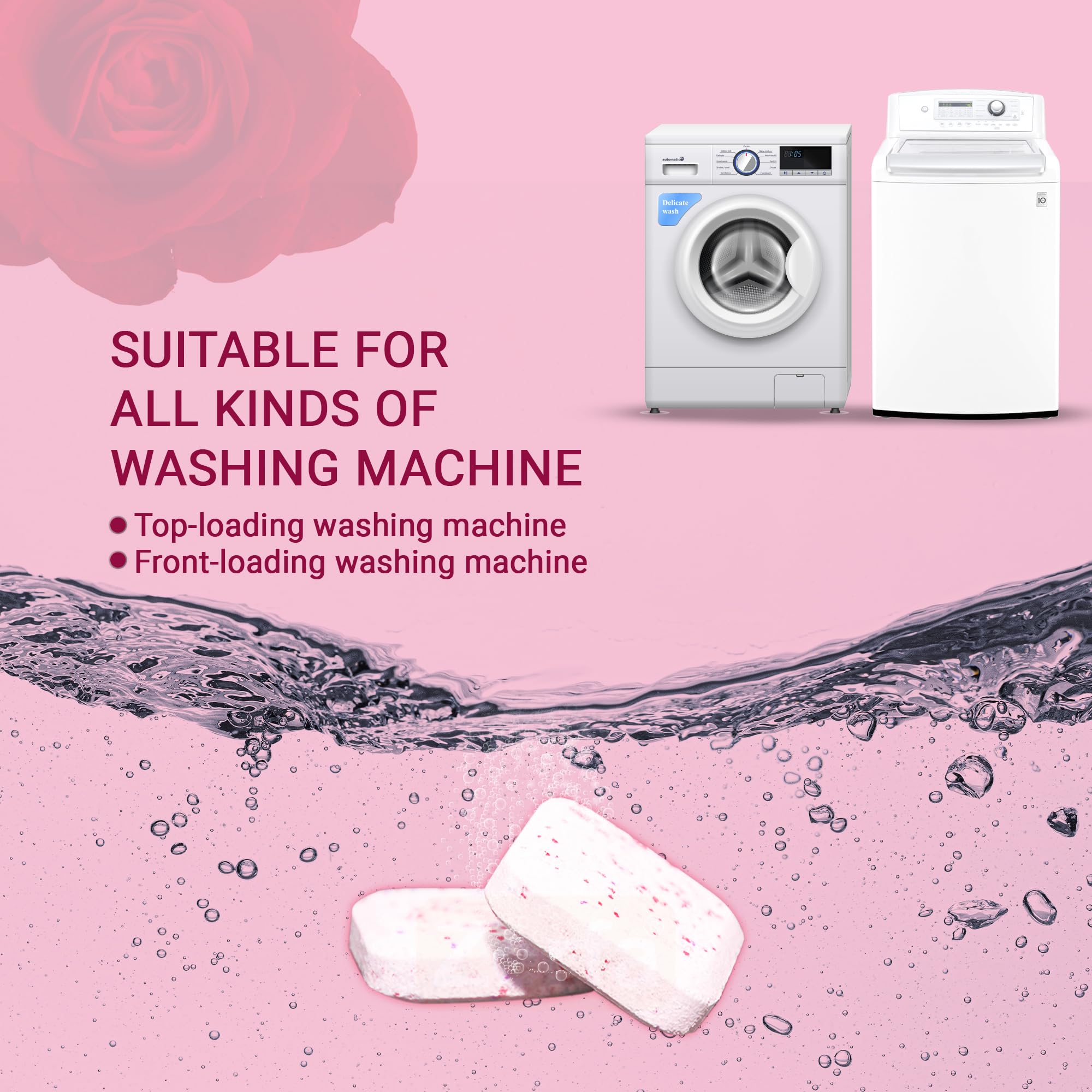 Zerfa 36-Pack Rose Scented Washing Machine Cleaner & Descaler Tablets - Deep Cleaning for Front & Top Load Washers - Removes Limescale, Odors & Stains - Ideal for Laundry Maintenance & Appliance Care