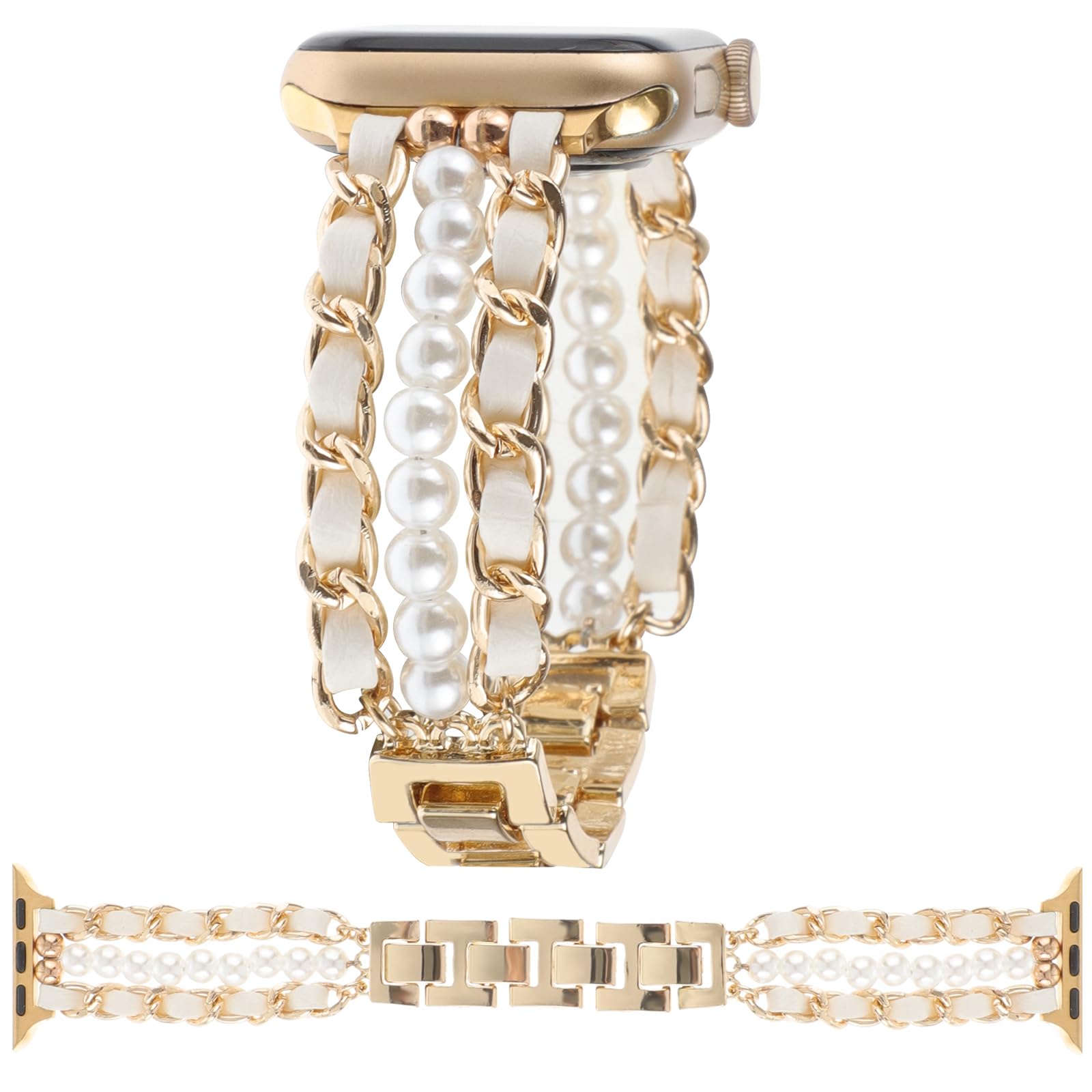 REALSIGN Pearl Beaded Apple Watch Band 38mm 40mm 41mm 42mm 44mm 45mm 49mm - Stylish Metal Cuban Chain Bracelet Strap for iWatch Series 8/7/6/5/4/3/2/1/SE - Elegant Jewelry Accessory for Women | Perfect for Work, Parties & Everyday Wear