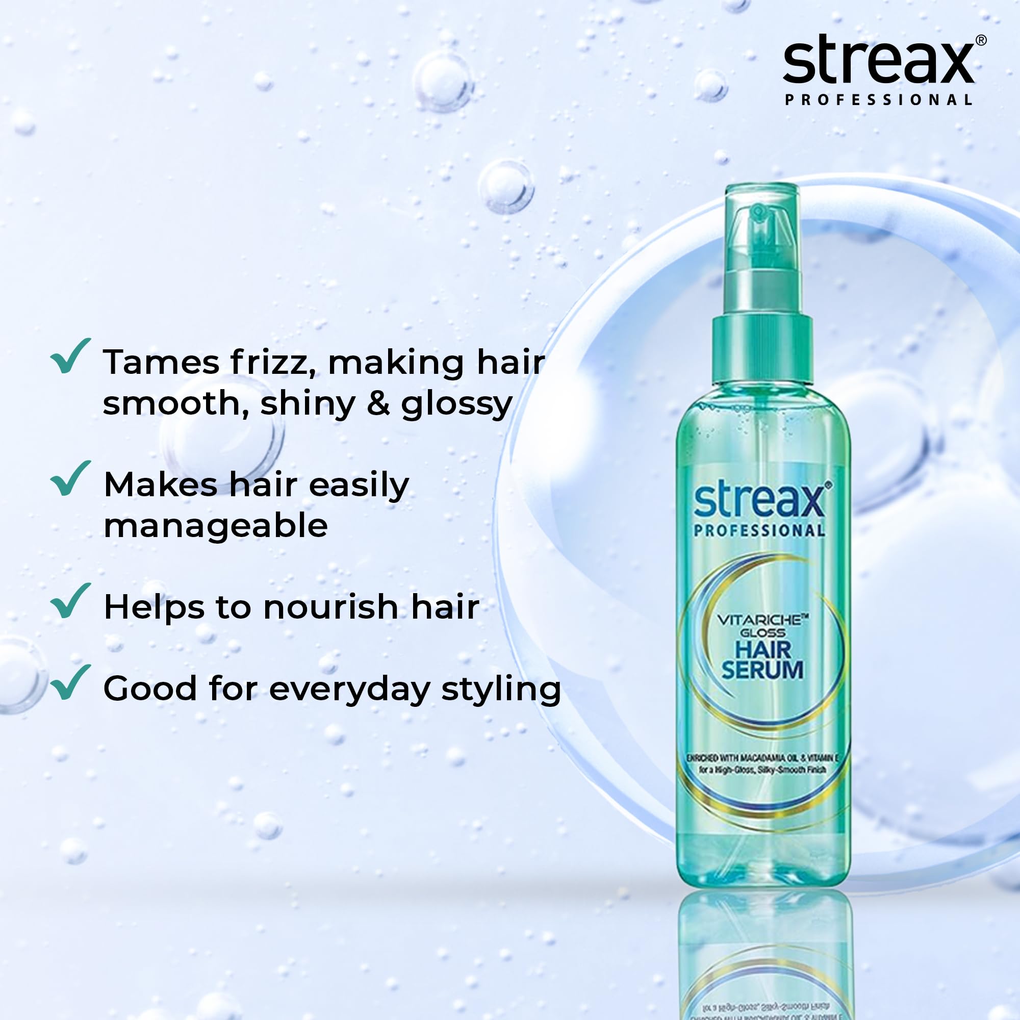Streax Professional Vitariche Gloss Hair Serum, 125ml - Frizz Control, Shine & Smoothness Booster with Vitamin E & Macadamia Oil - Best for Dry, Damaged & All Hair Types - Perfect for Daily Styling, Heat Protection & Salon-Like Finish at Home