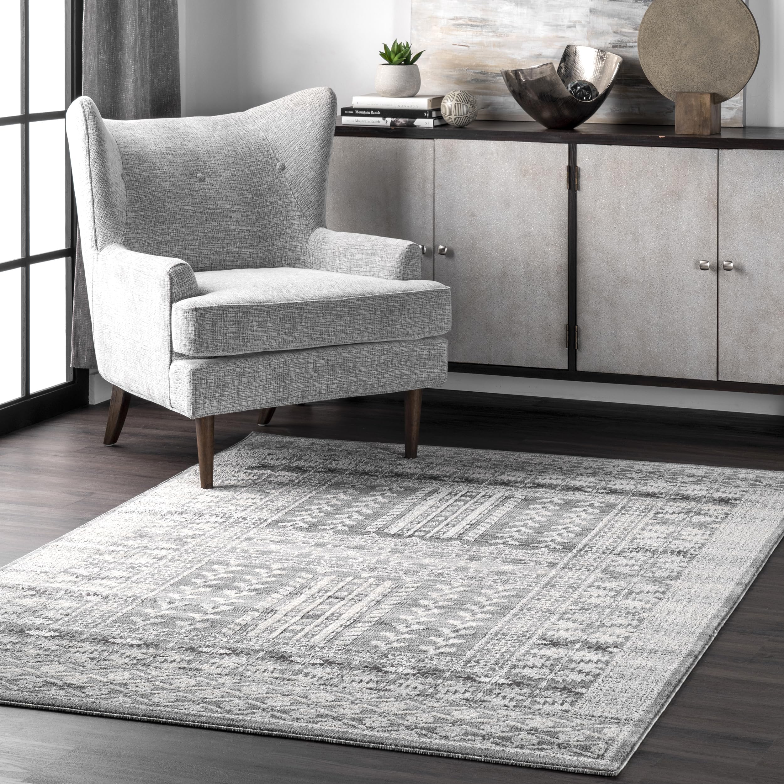 nuLOOM Melina Distressed Grecian Accent Rug 3x5 Feet - Vintage Grey Bohemian Area Rug for Living Room, Bedroom & Entryway Decor