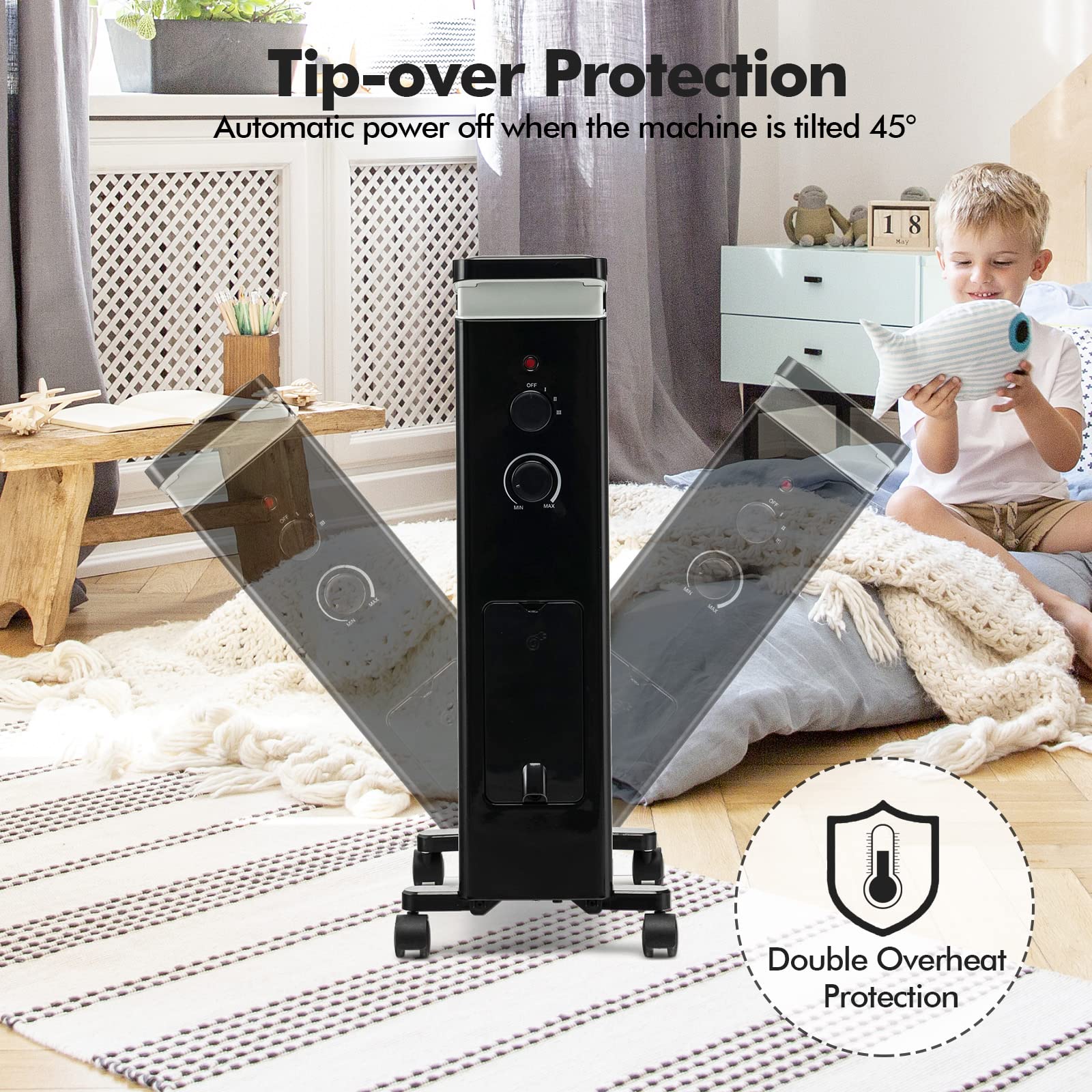 PETSITE 1500W Oil-Filled Radiator Heater with Thermostat - 3 Heat Settings, Overheat & Tip-Over Protection, Hanging Rack & Humidification Box - Perfect for Home, Bedroom, Office & Indoor Use - Energy Efficient Space Heater for Winter & Cold Weather