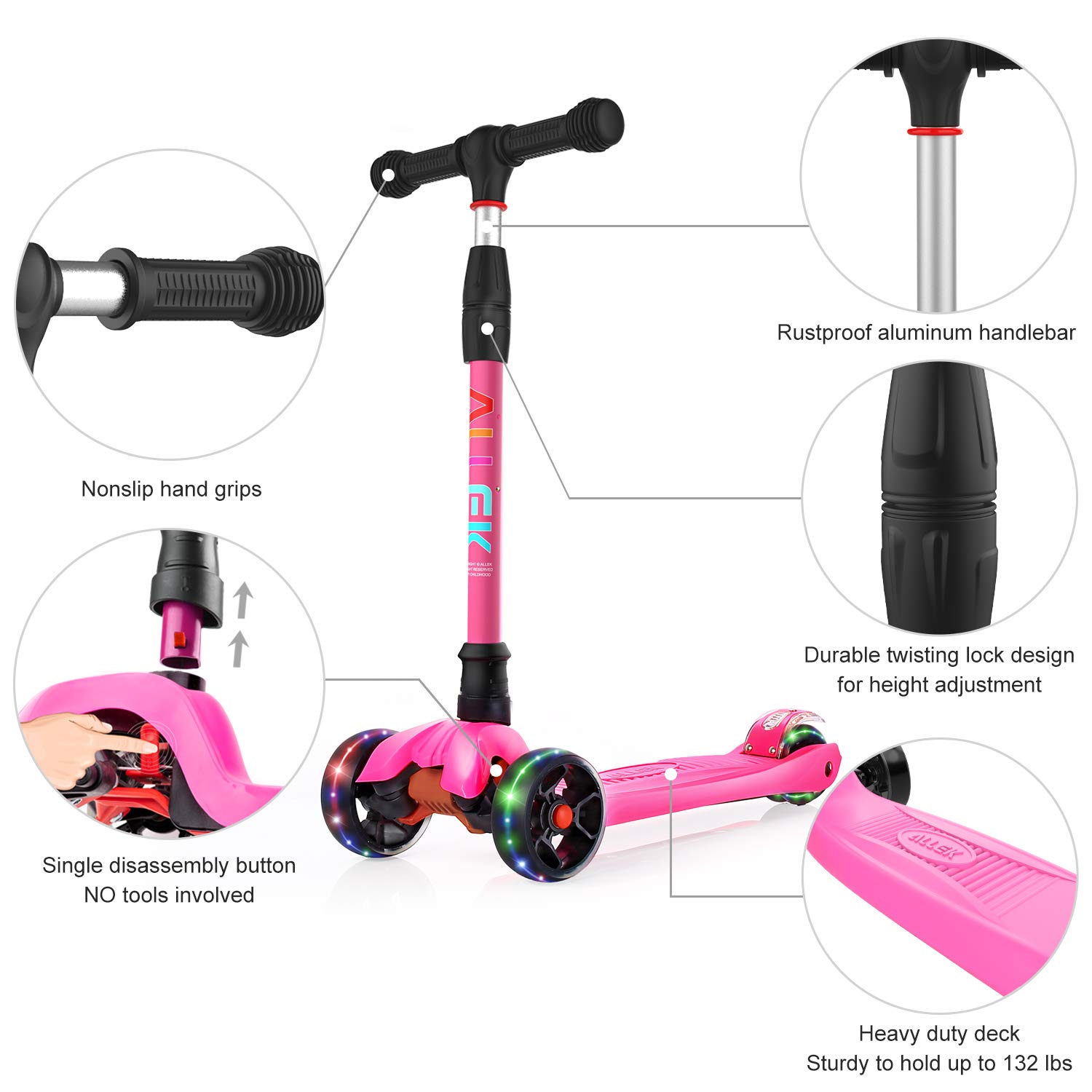 Allek B02 Kick Scooter for Kids Ages 3-12 | Adjustable Height Lean-to-Steer Scooter with LED Light-Up Wheels | Extra Wide PU Wheels for Smooth Ride | Perfect for Commuting, Park Rides & Outdoor Play (Rose Pink)