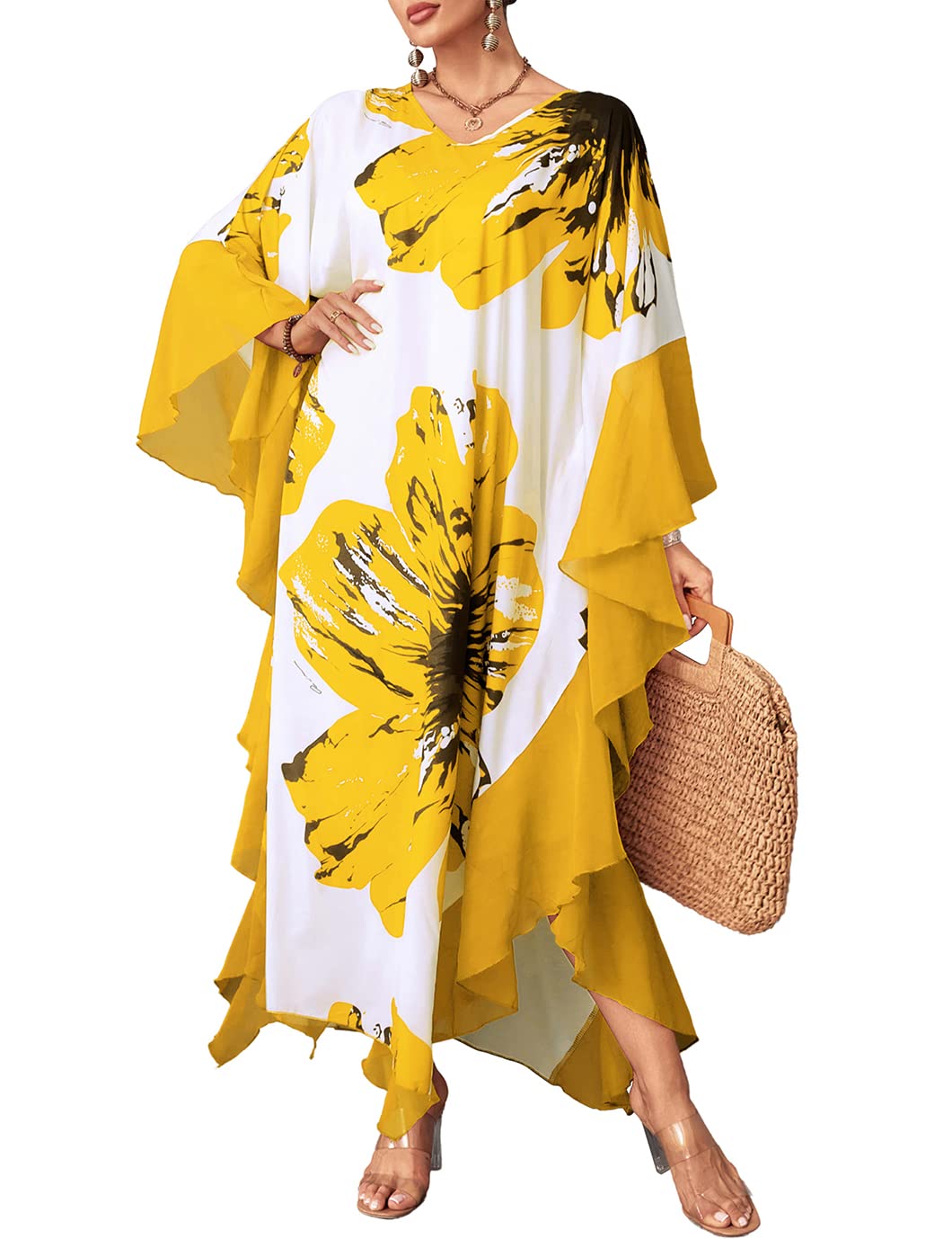Eddoyee Women's Chiffon Loose Kaftan Dress - Beach Cover Up, Swimsuit Cover, Summer Boho Maxi Dress for Pool, Vacation & Resort Wear