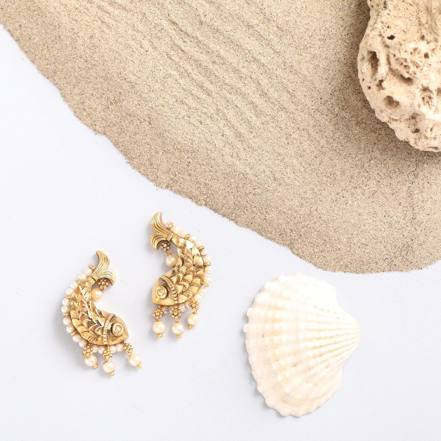 Antique Gold Plated Fish and Pearl Stud Earrings for Women - Traditional Indian Jewelry for Ethnic Occasions, Weddings, and Festivals | Classic Elegant Design | 1 Year Warranty | Perfect Gift for Diwali, Bridal Shower, and Cultural Events