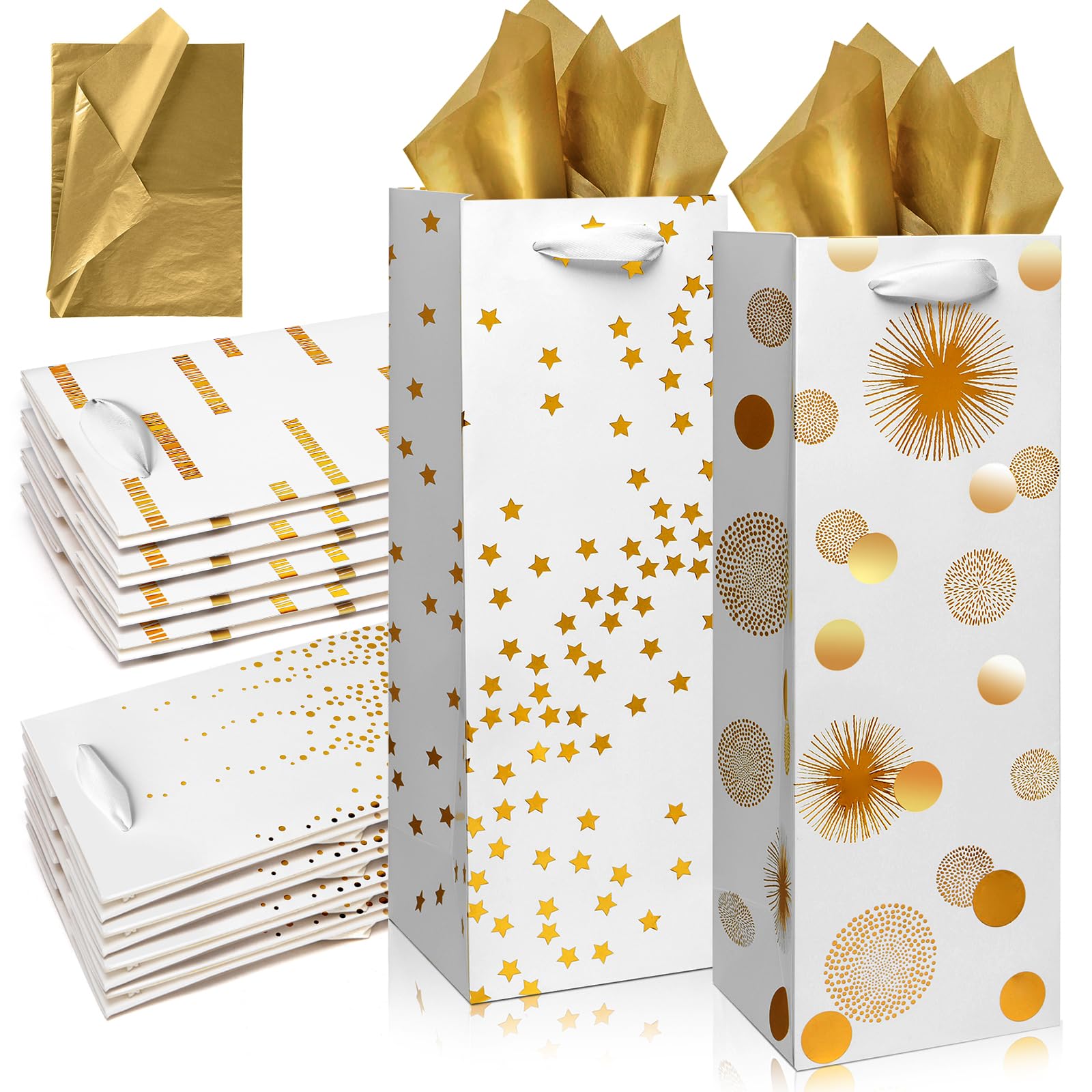 Premium Carnation Wine Bags - 12 Pack Elegant Gold Foil Wine Bottle Gift Bags for Weddings, Holidays & Special Occasions (14 Inch, Luxury Gold) - Perfect for Gifting, Party Favors & Hostess Gifts