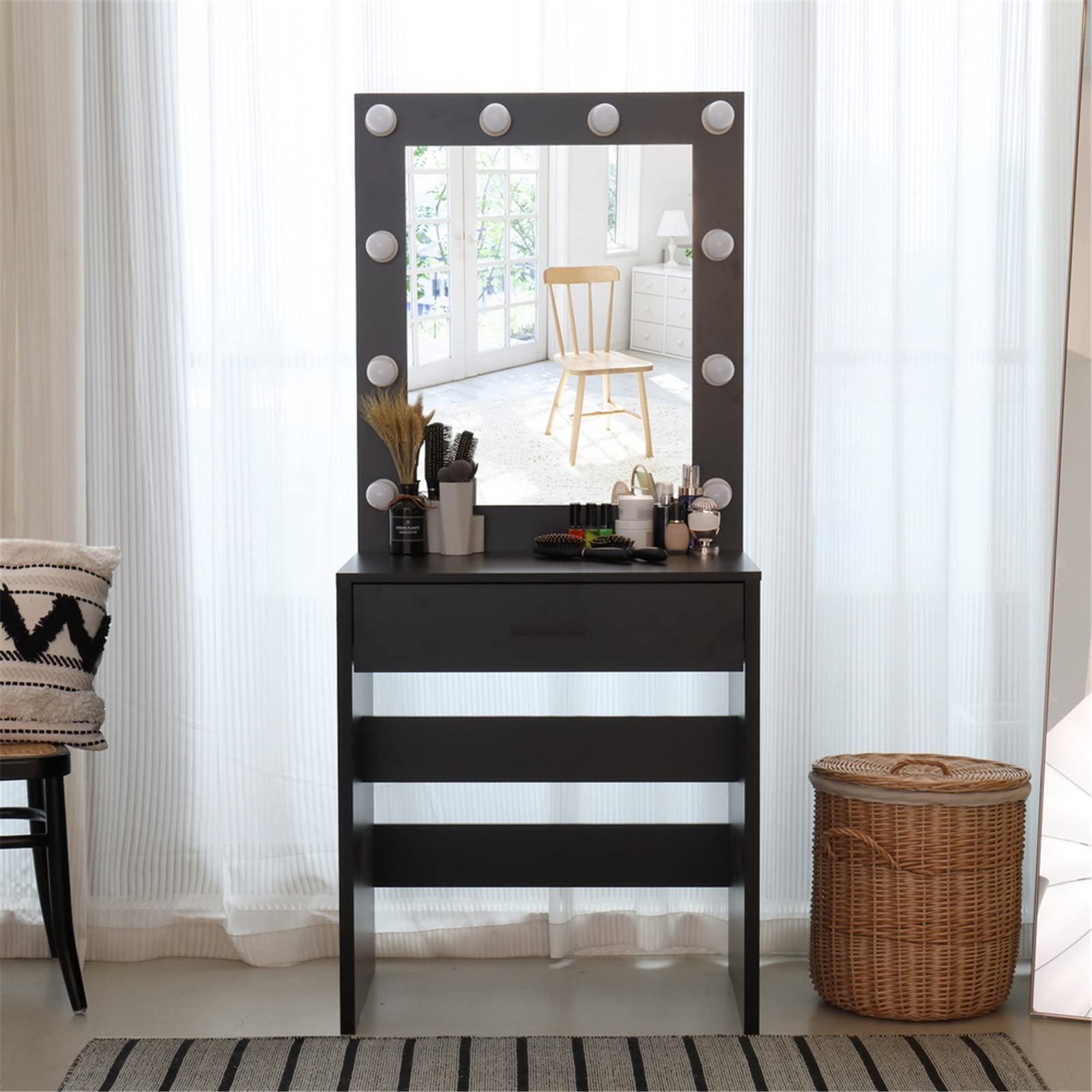 DAMML Lighted Makeup Vanity Table Set with Adjustable Brightness Mirror, Large Drawer & Sturdy Wood Construction - Black Vanity Dresser for Bedroom, Dressing Room & Beauty Salon