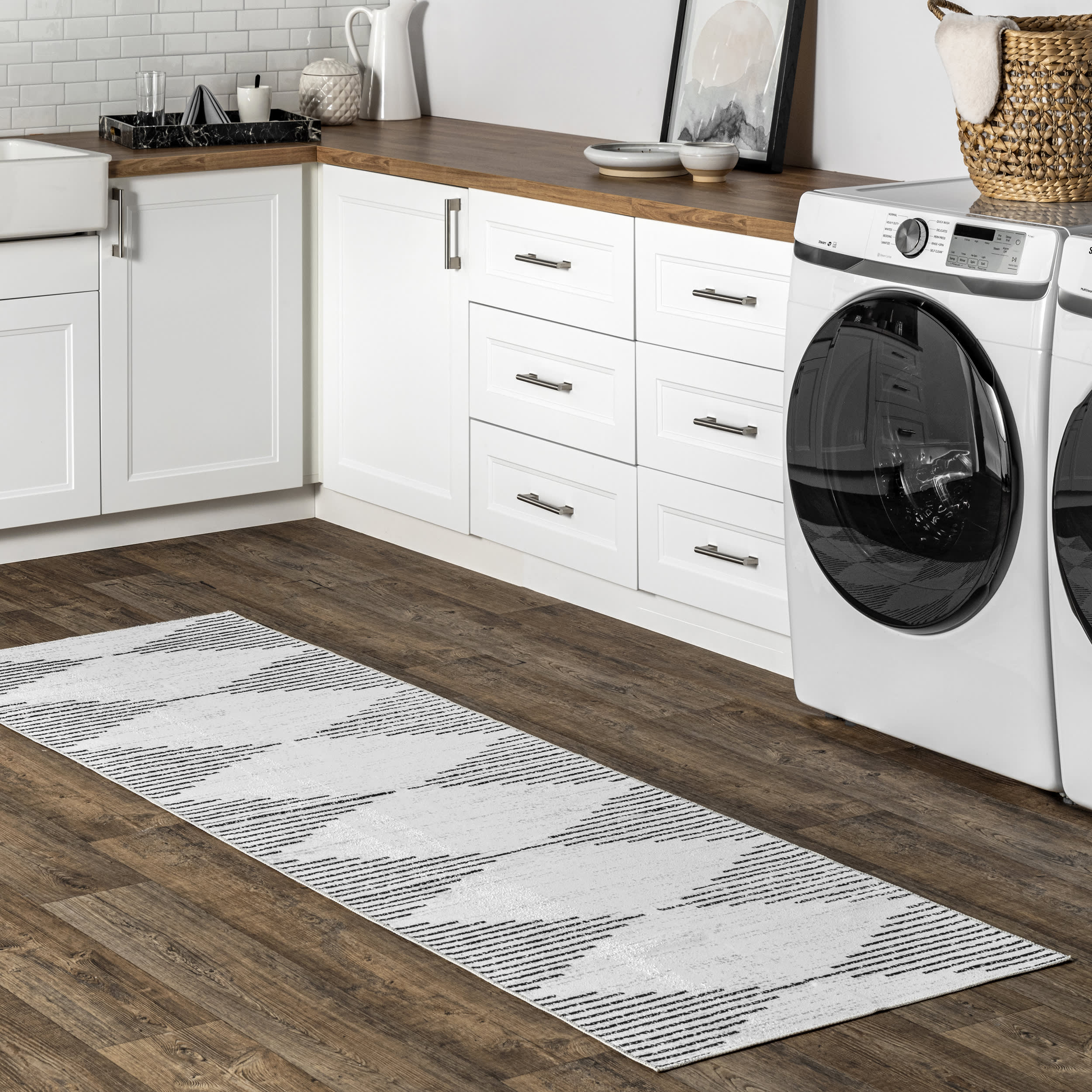 Premium Diamond Pinstripes Washable Rug - Soft & Stain-Resistant White Area Rug for Living Room, Bedroom, or Office - Easy to Clean & Durable Home Decor