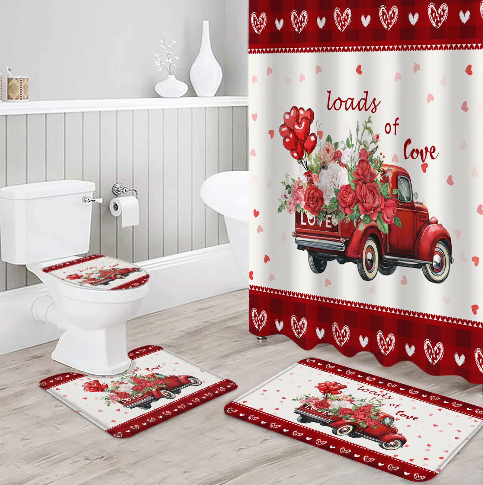 4-Piece Waterproof Bathroom Set - Non-Slip Shower Curtain, Bath Rugs, Toilet Lid Cover & U-Shaped Mat with Valentine's Day Truck & Rose Flower Design - Romantic Hearts Decor for Bathroom, Shower & Home Use