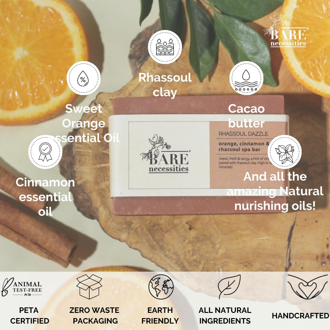 Bare Necessities Rhassoul Dazzle Handmade Soap Bar - Natural Orange & Cinnamon Scented Cold Processed Soap for Men & Women (75g) | Moisturizing Bath Soap for Dry & Sensitive Skin | Perfect for Daily Shower, Spa Day & Gift Giving