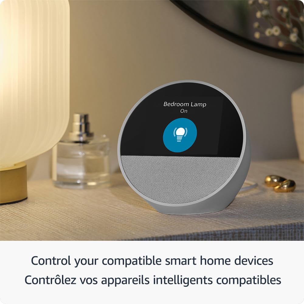 Amazon Echo Spot (Latest Model) - Smart Alarm Clock with Alexa, Glacier White | Perfect for Nightstands, Offices & Kitchens | Voice Control, Weather Updates, Music Streaming & More