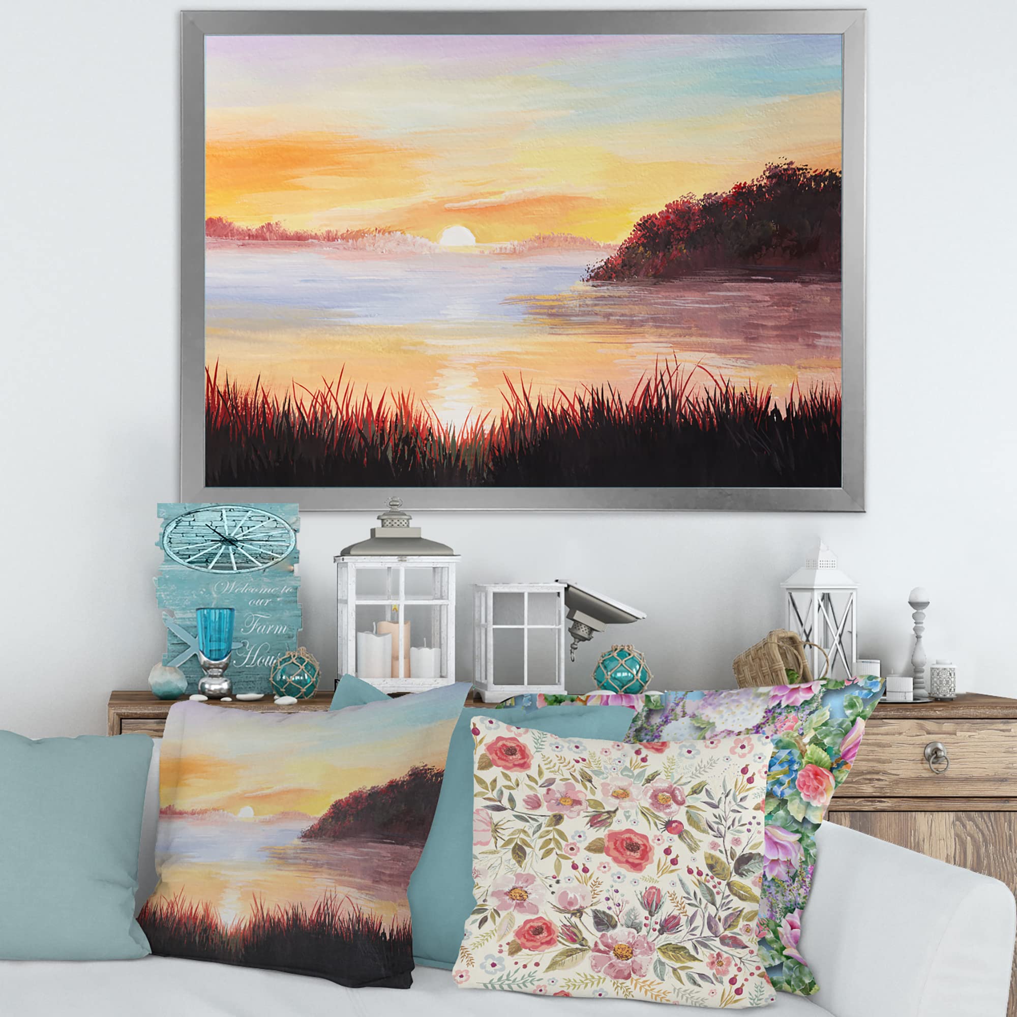 DesignQ Coastal Lake Reeds Framed Wall Art - Nautical Home Decor for Living Room, Bedroom & Office