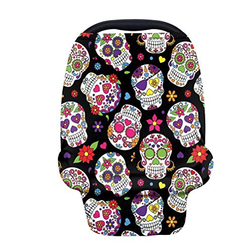 ORGYPET Black Stretchy Baby Car Seat Cover - Multi-Use Nursing Cover, Shopping Cart & High Chair Protector, Stroller Canopy, Infinity Scarf (Sugar Skull Design) | Perfect for Breastfeeding, Travel & Outdoor Activities
