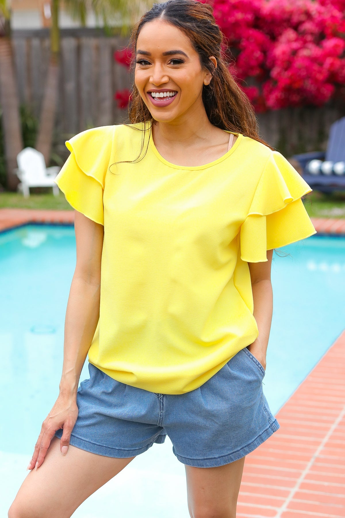 Stylish Yellow Tiered Double Ruffle Sleeve Blouse for Women - Perfect for Spring Outfits, Date Nights & Office Wear