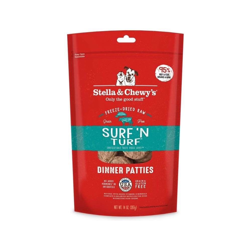 Freeze Dried Surf N Turf Dinner Patties - Premium Grain-Free Dog Food for Small & Large Breeds - High Protein Beef & Salmon Recipe - Perfect for Travel, Hiking & Training Treats
