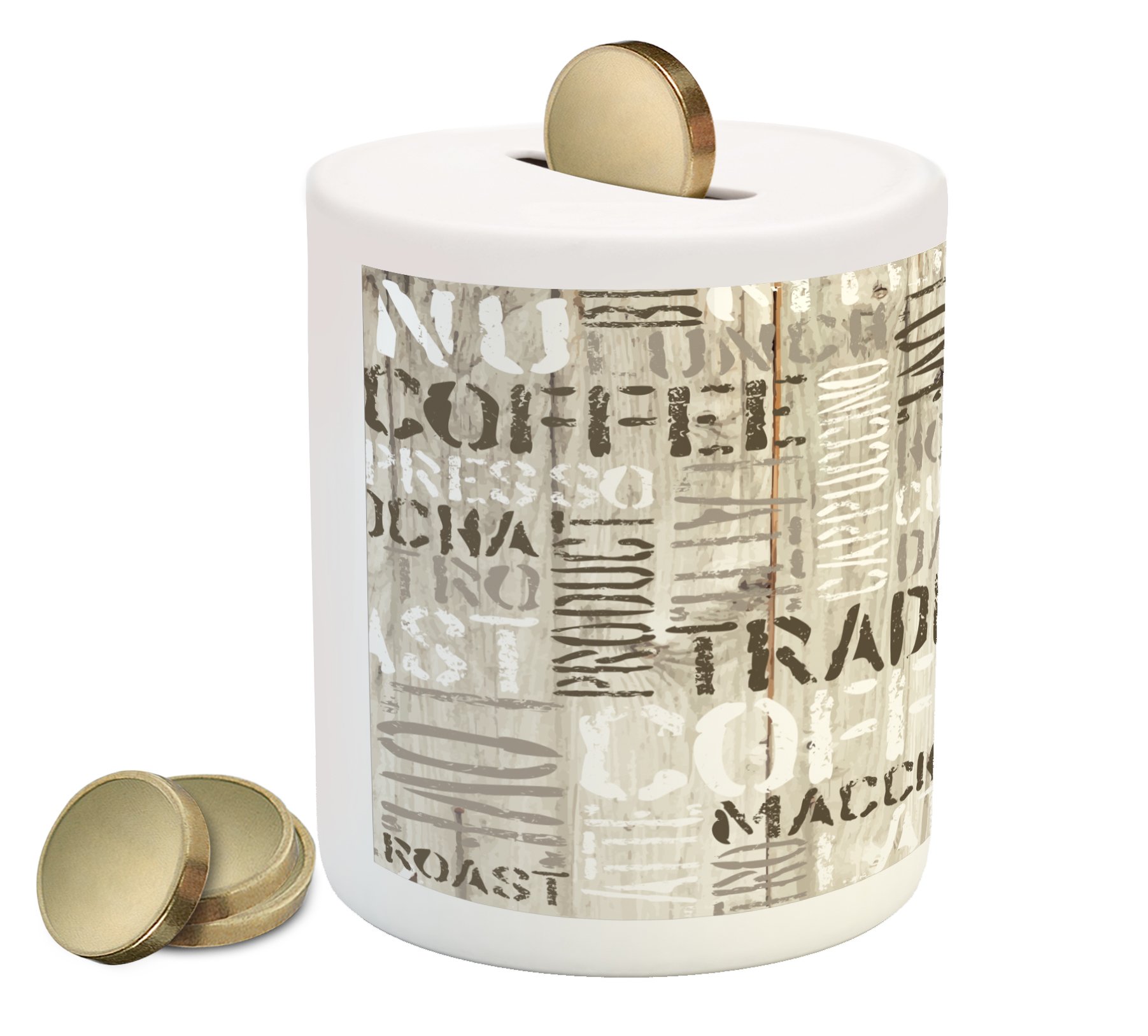 Ambesonne Modern Ceramic Piggy Bank with Wooden Background & Coffee Phrase Design - Espresso Hot Chocolate Cappuccino Printed Money Box for Cash Savings - Beige Army Green - Perfect for Home Decor, Office Gift & Coffee Lovers
