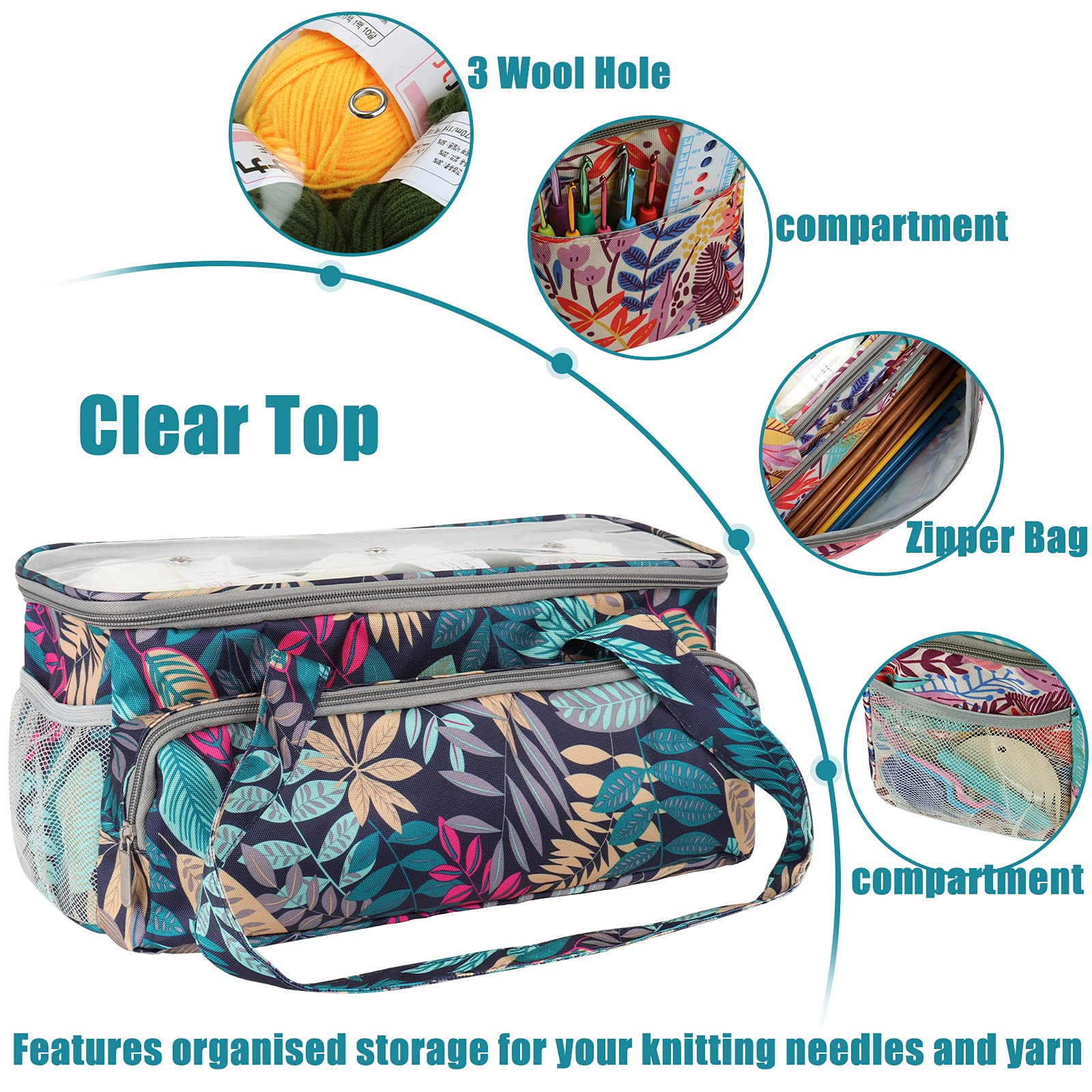 Coopay Knitting Bag - Large Travel Knitting Organizer & Crochet Project Tote with Multiple Pockets for Yarn Storage, Embroidery Supplies & Wool Holder - Perfect for Crafting On-The-Go, Commuting & Vacation Projects (Rainforest Pattern)