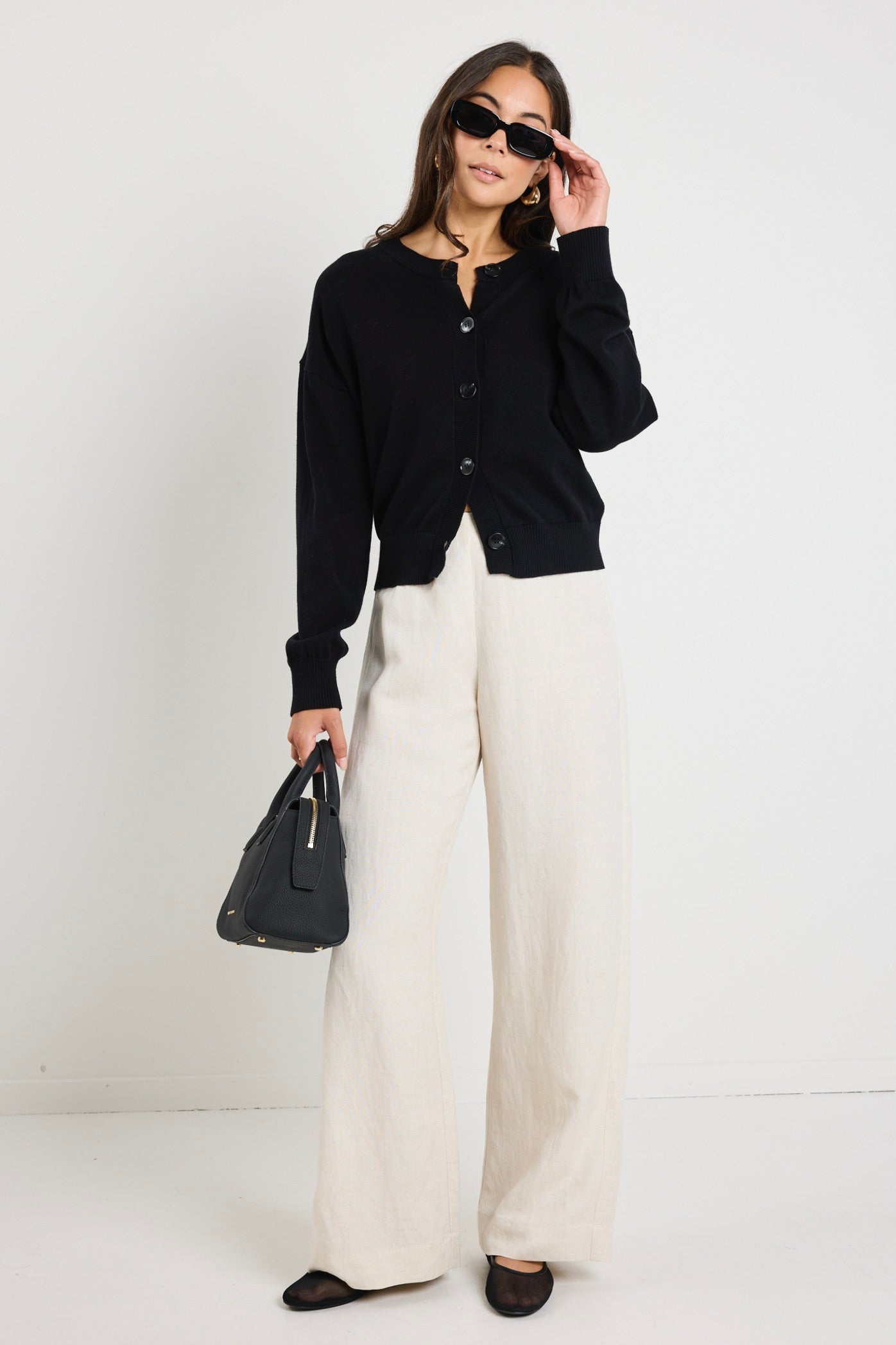 Soft Black Cotton Fine Knit Crew Cardigan for Women - Cozy Fall & Winter Layering Essential