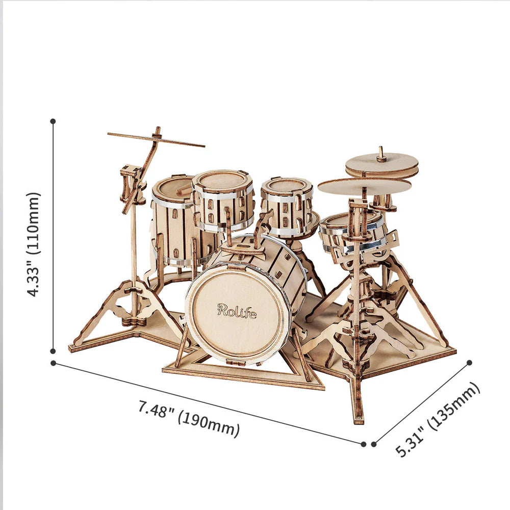 ROBOTIME DIY Drum Kit Model Building Kit - 3D Wooden Puzzle for Adults & Teens - Perfect for Music Lovers, STEM Education, and Home Decor