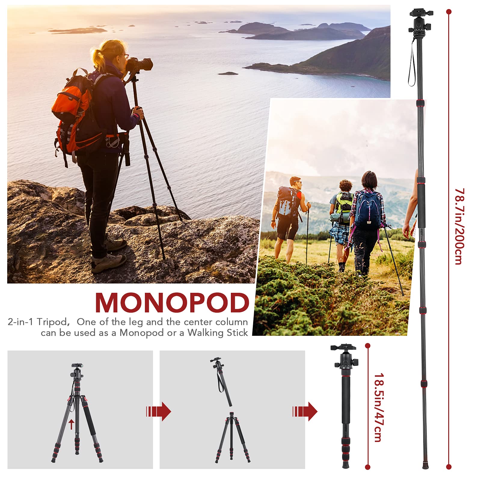 Professional Carbon Fiber DSLR Tripod HUIOP TTT-008 - 200cm/78.7in Adjustable Camera Stand with Quick Release Ball Head, 12KG Payload & Carry Bag - Perfect for Travel Photography, Vlogging, and Outdoor Shooting