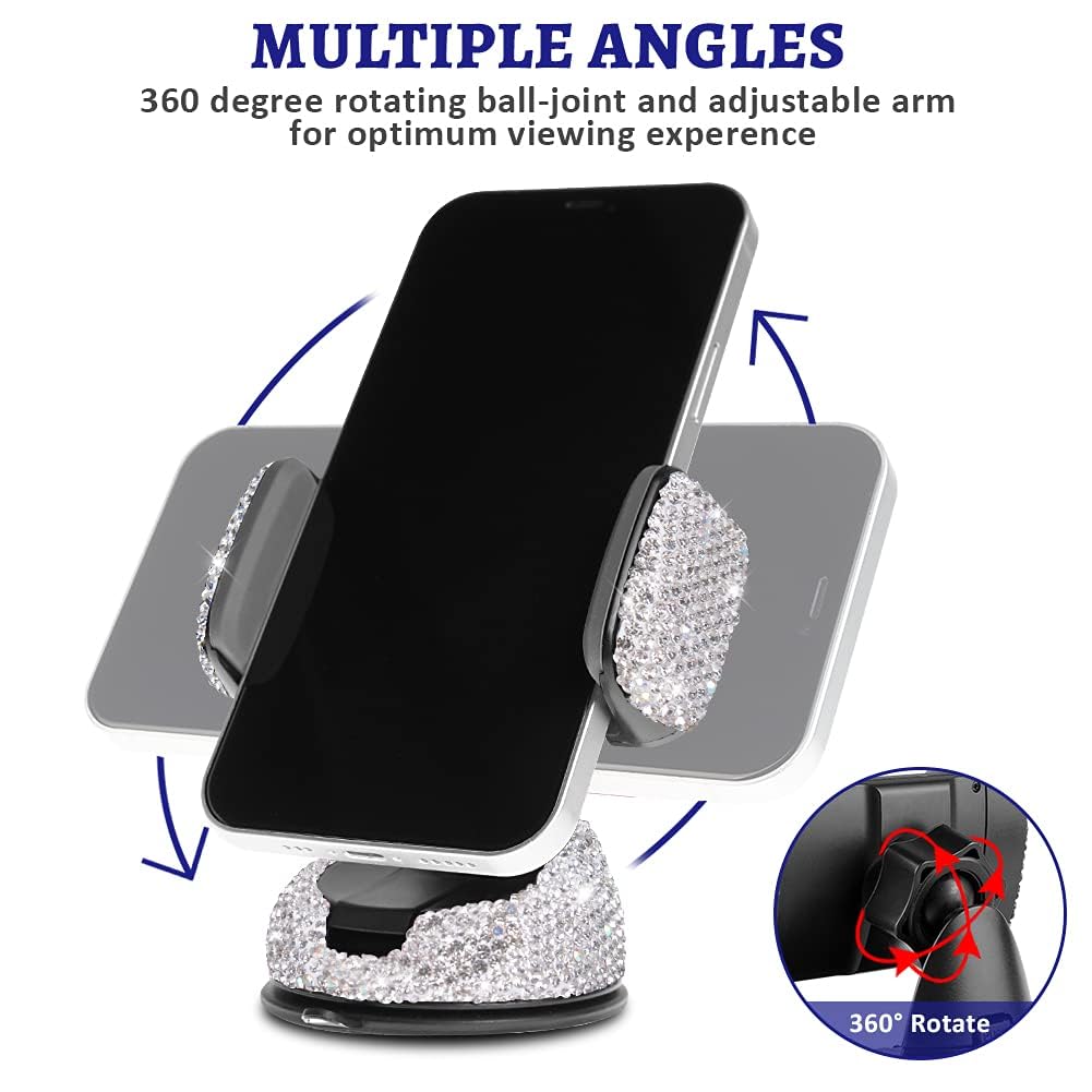 Universal Bling Car Phone Holder Mount - Dashboard & Air Vent Phone Stand for iPhone, Samsung & All Smartphones - Perfect for Hands-Free Driving & Navigation (Silver)