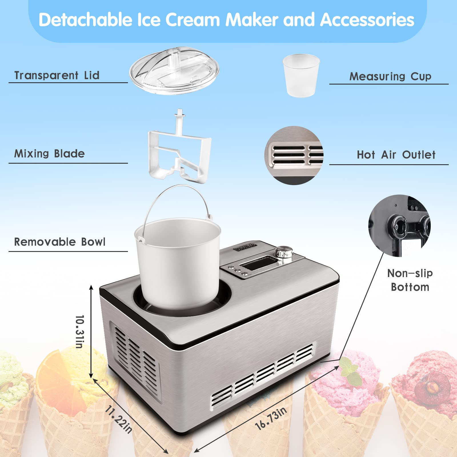 KUMIO 2.2-Quart Automatic Ice Cream Maker with Built-in Compressor - No Pre-Freezing Required, Stainless Steel Electric Ice Cream & Yogurt Machine with LCD Display & Timer, 180W - Perfect for Homemade Gelato, Sorbet, Frozen Yogurt & Fruit Desserts